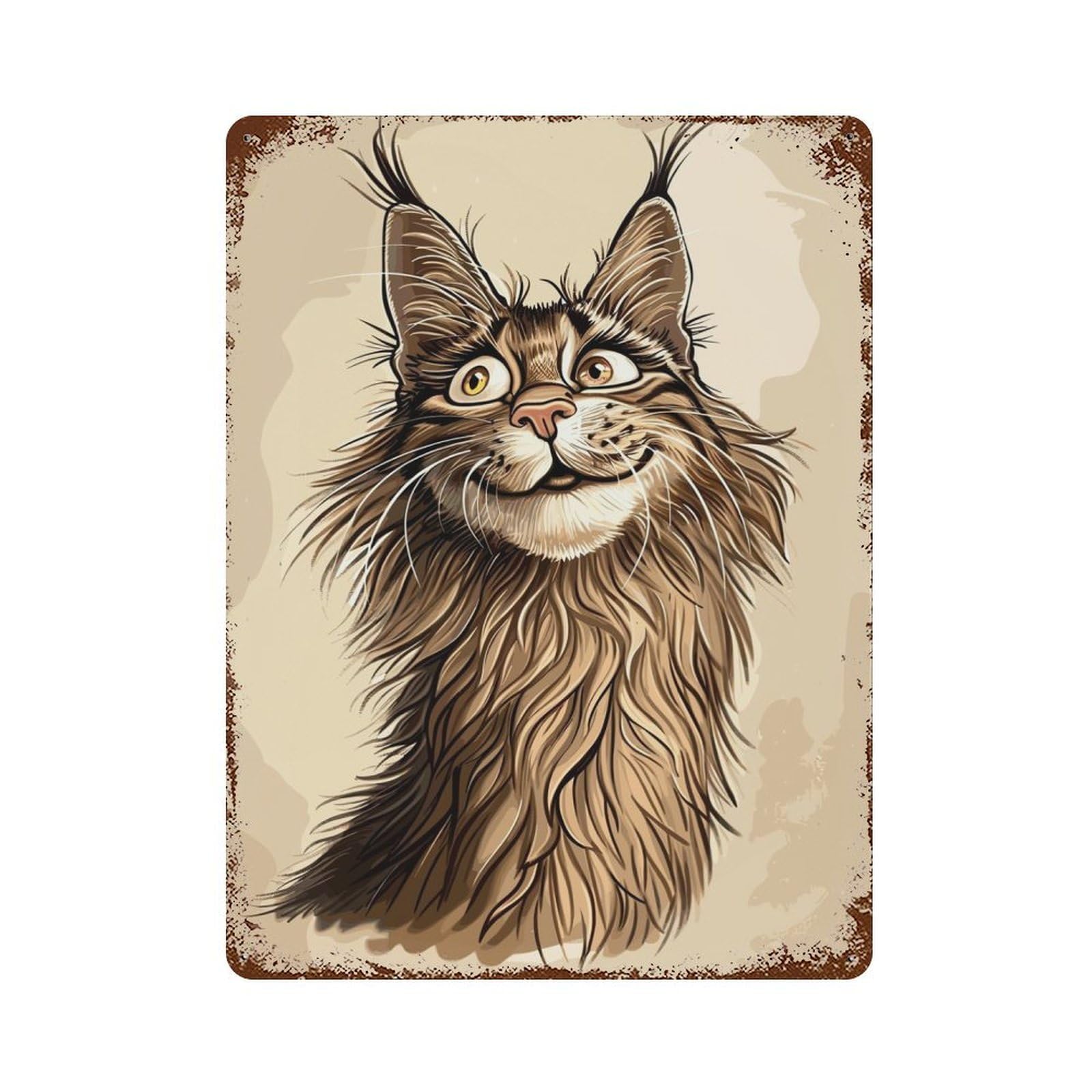 Maine Coon Caricature 15.7"x11.8" Rusty Metal Tin Sign, Novelty Wall Decor for Cafe, Home Bar And Lounge Decor