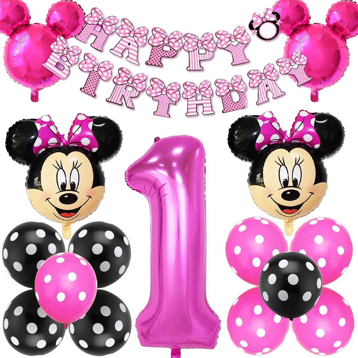 Minnie Theme Party Decorations, Birthday Balloons Set Number 1 Foil Balloons Minnie Mouse Shaped Foil Balloon With Red Bow for Minnie Mouse Party Decorations（Rose Red）