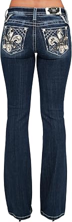 Miss Me Womens Cowhide Fleur de Lis Embellished Pockets Mid-Rise Bootcut Jeans