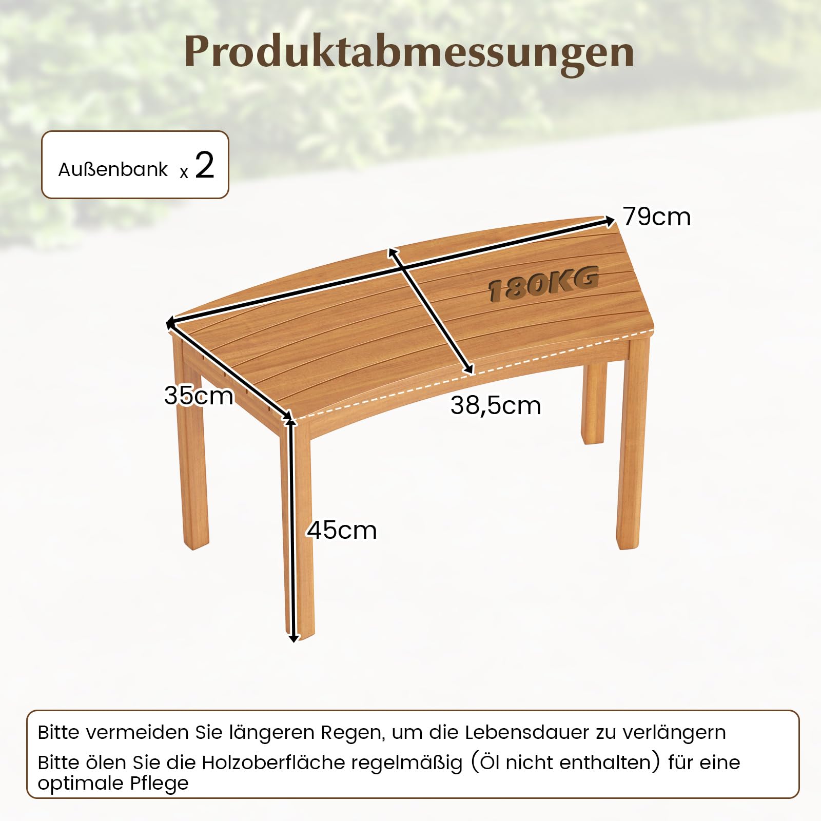 COSTWAY Gartenbank Holz Wetterfest 2er Set, Sitzbank ohne Rückenlehne, Gebogene Holzbank, Parkbank aus Akazienholz, Bank für Garten, Balkon, Terrasse (Natur)