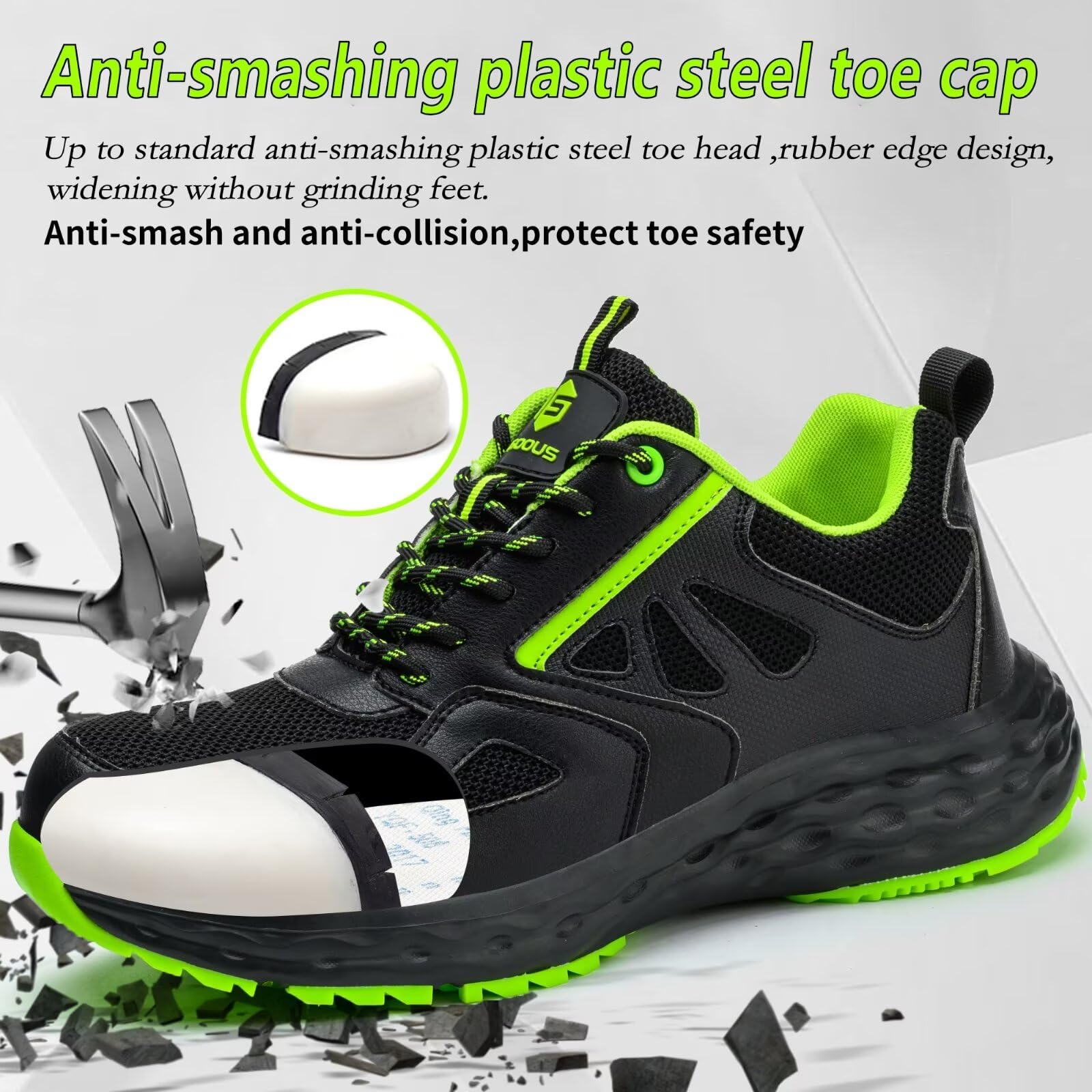 Buty Ochronne Męskie Obuwie Robocze Damskie Plastikowym Noskiem Obuwie Ochronne Lekkie Antypoślizgowe Oddychające Sportowe Czarny Zielony EU 43