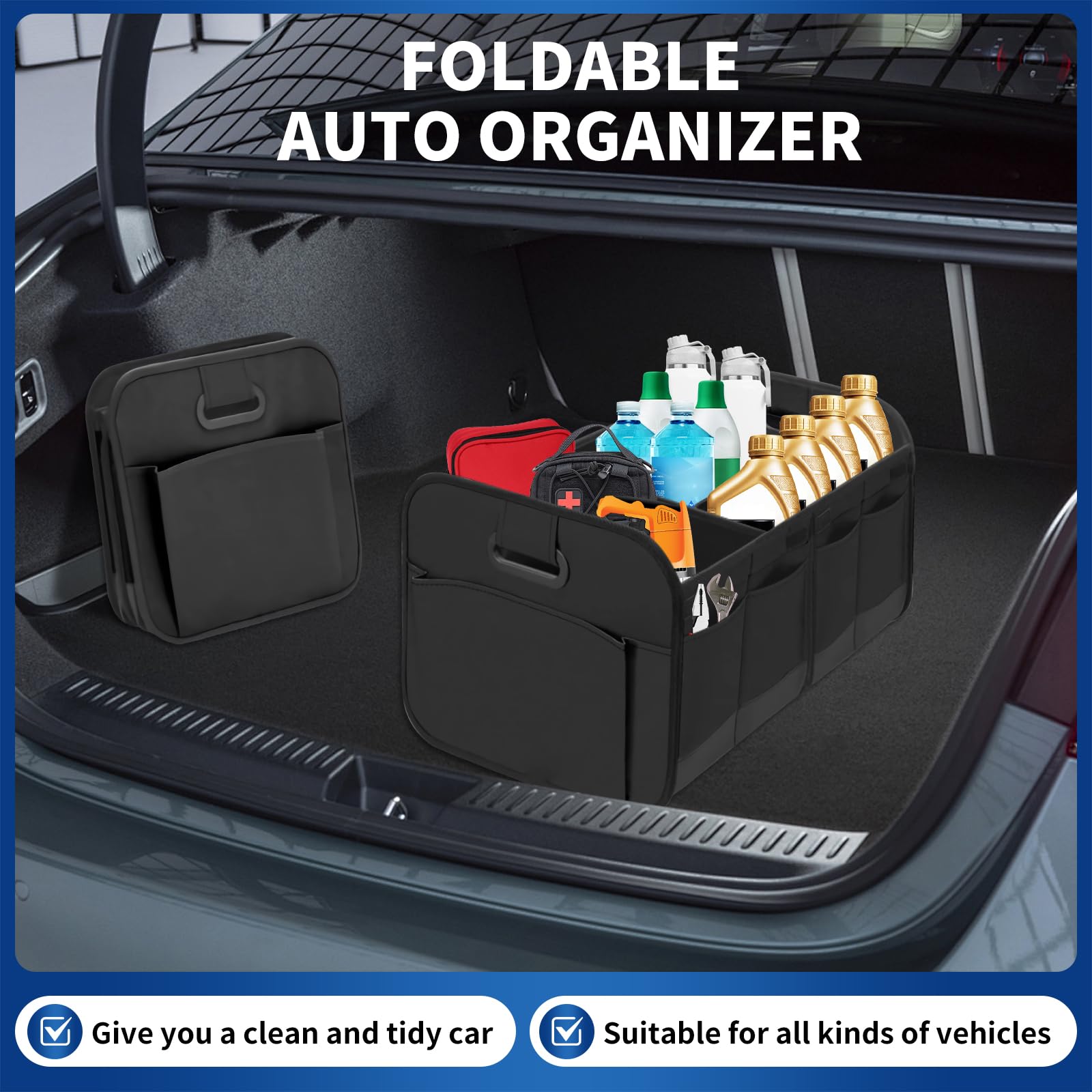 Rangement Coffre de Voiture, Grand Contenant de Stockage éTanche Avec Séparateur Amovible Et Poches LatéRales, Organisateur de Coffre Automobile Pour Voitures, Suv, Camping Et Courses (1)