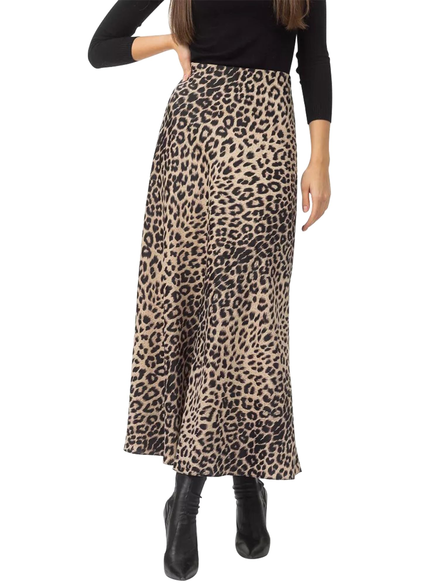 Ezcosplay Women Satin Leopard Print Maxi Skirt High Waist Slik Animal Cheetah Print A Line Long Skirts