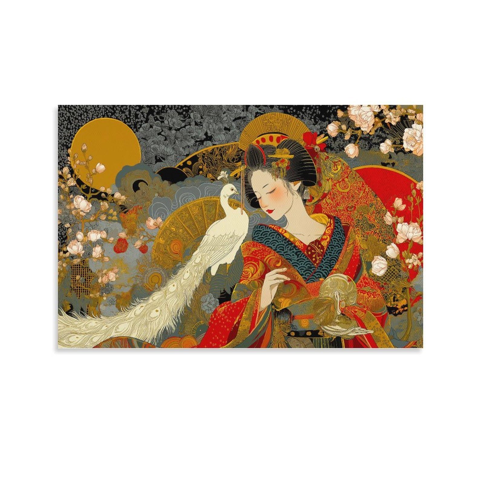 RIAVBAODG Japanese Geisha in Ornate Attire Poster Artwork Japanese Oiran Giclee Canvas Prints Modern Wall Art Picture Wall Hanging for Living Room Bedroom Home Decorations 20x30inch(50x75cm)