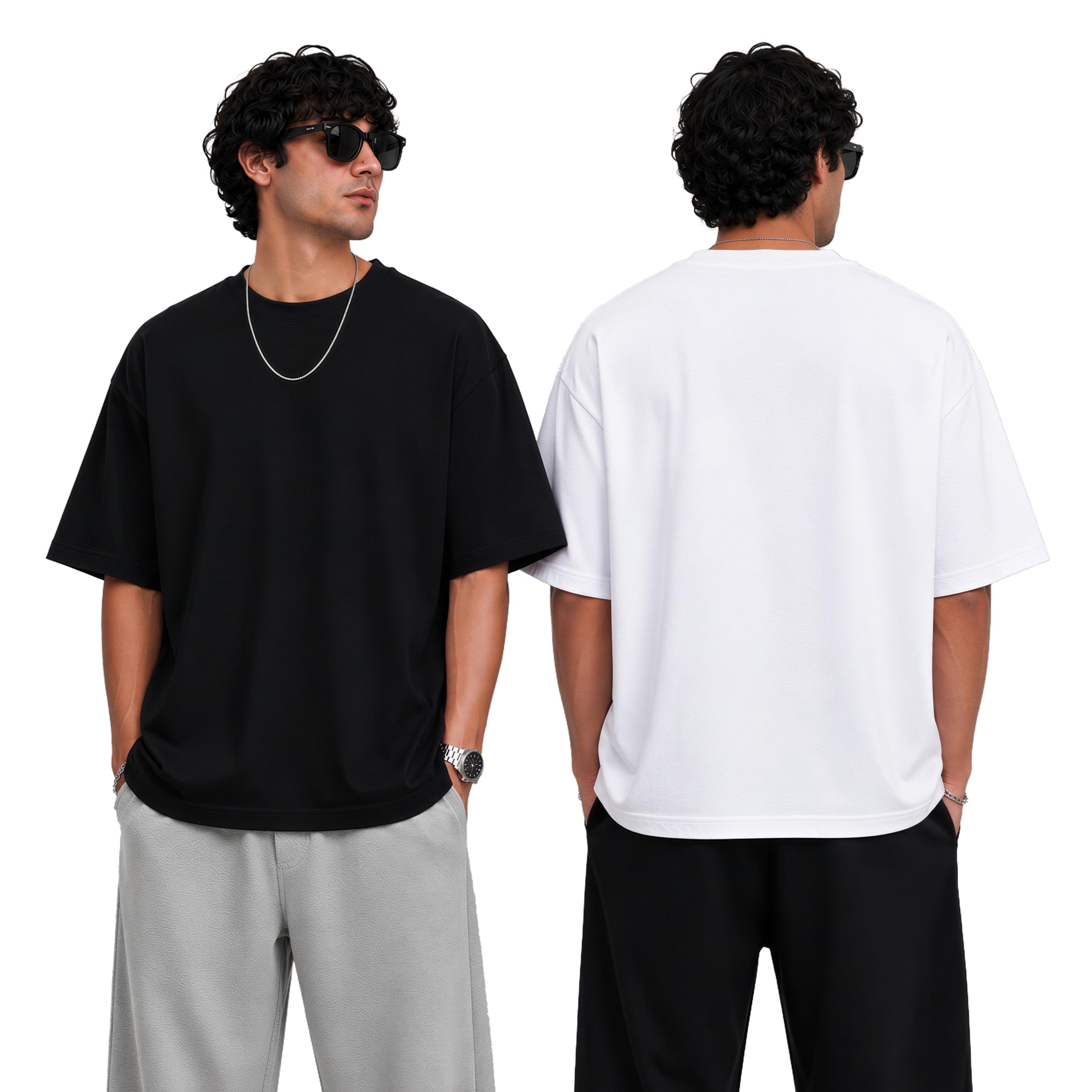 peaceout Oversized T Shirt for Men Combo Pack of 2 | 240 GSM Heavyweight Cotton T Shirt | Drop Shoulder Baggy Loose Fit Round Neck Casual Streetwear Oversized Tshirt-picture-43