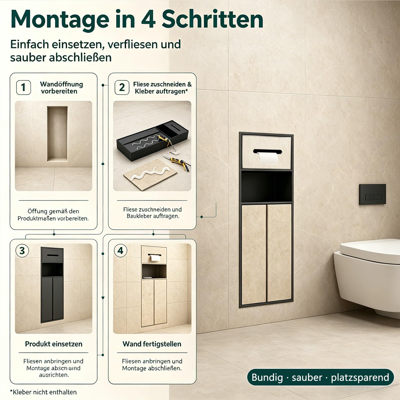Unterputz Toilettenpapierhalter, Unterputz WC Modul mit Toilettenpapierhalter, Integrierter Mülleimernische und Toilettenbürstenhalter, Eingelassenes Wandregal für Badezimmer, Ohne Fliesen