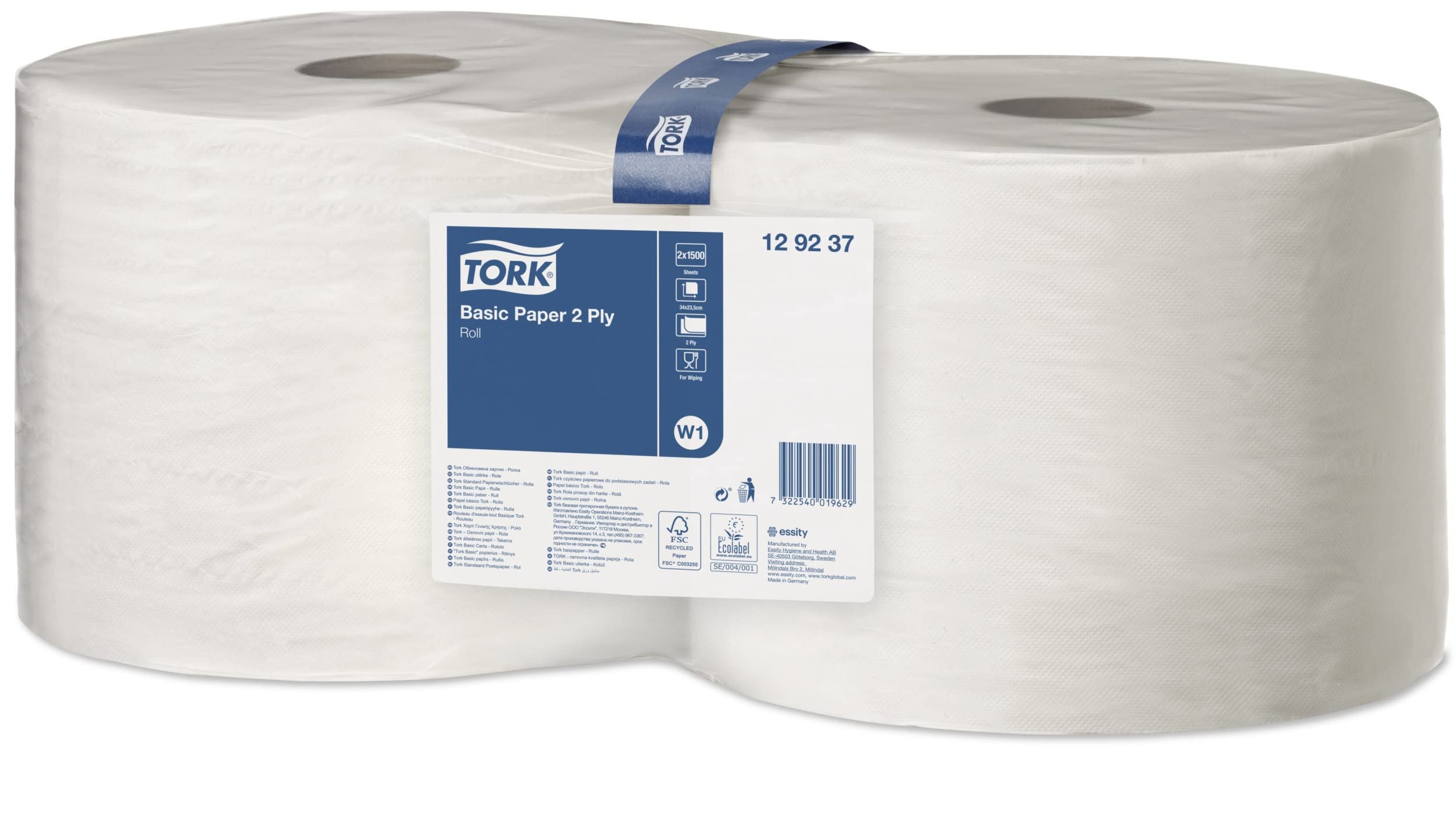Tork 129237 Papel básico de dos capas/Paños de papel compatibles con el sistema W1 de Tork/Universal/2 x bobinas de 510 m/color blanco