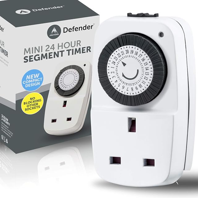Defender 24 Hour Segment Timer Plug - Energy Saver Timer Standard Size - Hour Plug-in Timer Socket Set - 240v 3 Pin Plug with Programmable Time Controller
