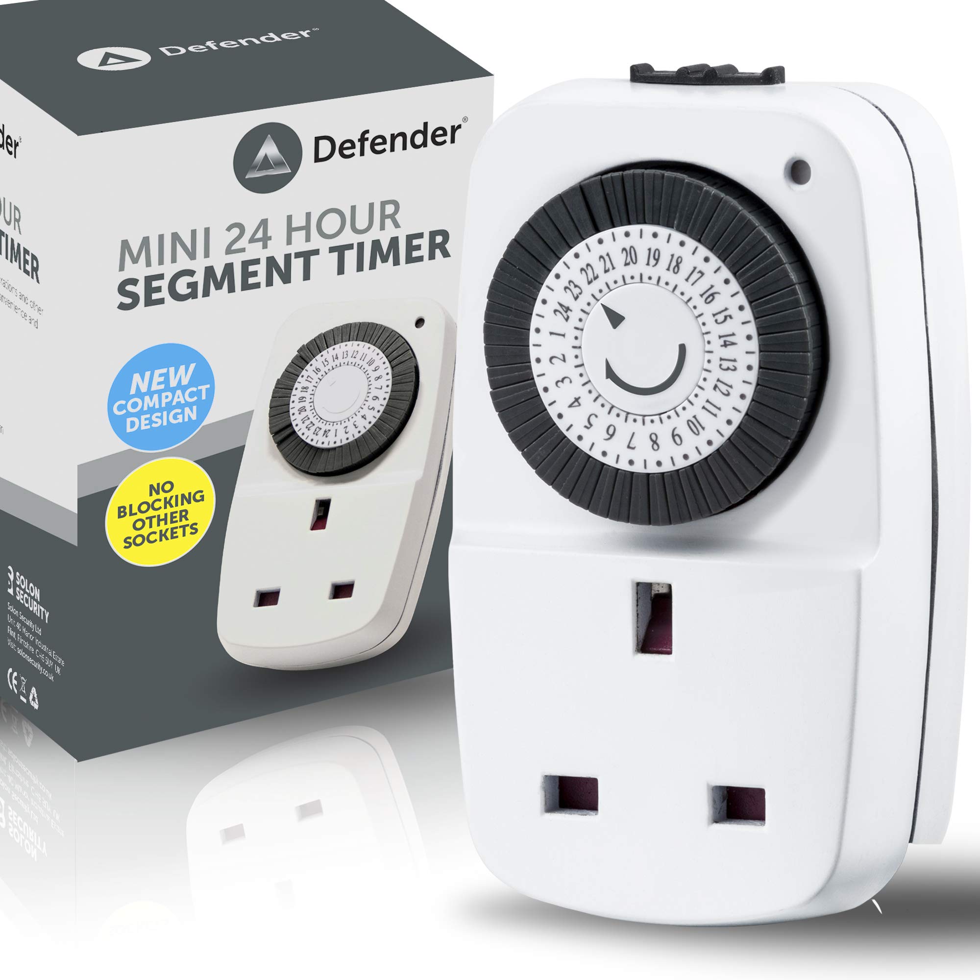 DefenderMini 24 Hour Segment Timer Switch - Energy Saver Timer Standard Size - Hour Plug-in Timer Socket Set - 240v 3 Pin Plug with Programmable Time Controller