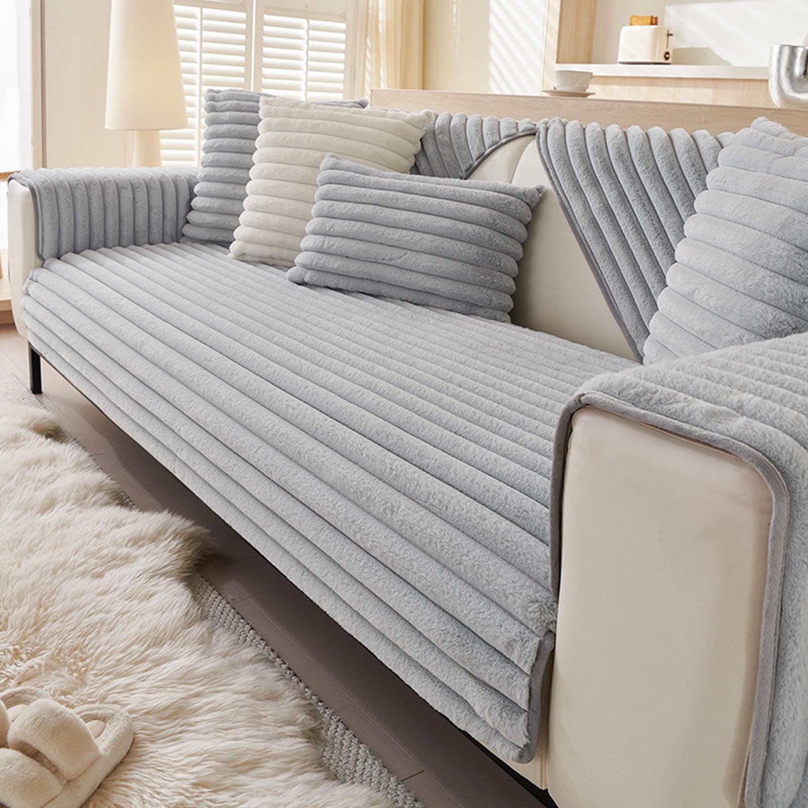 Copertura Per Divano - Morbido Tessuto In Peluche Di Coniglio, Lavabile In Lavatrice, Antiscivolo Per Divano Modulare, Copertura Divano Da 1 2 3 4 Posti, Protettore Mobili Soggio Light Gray 110*160cm