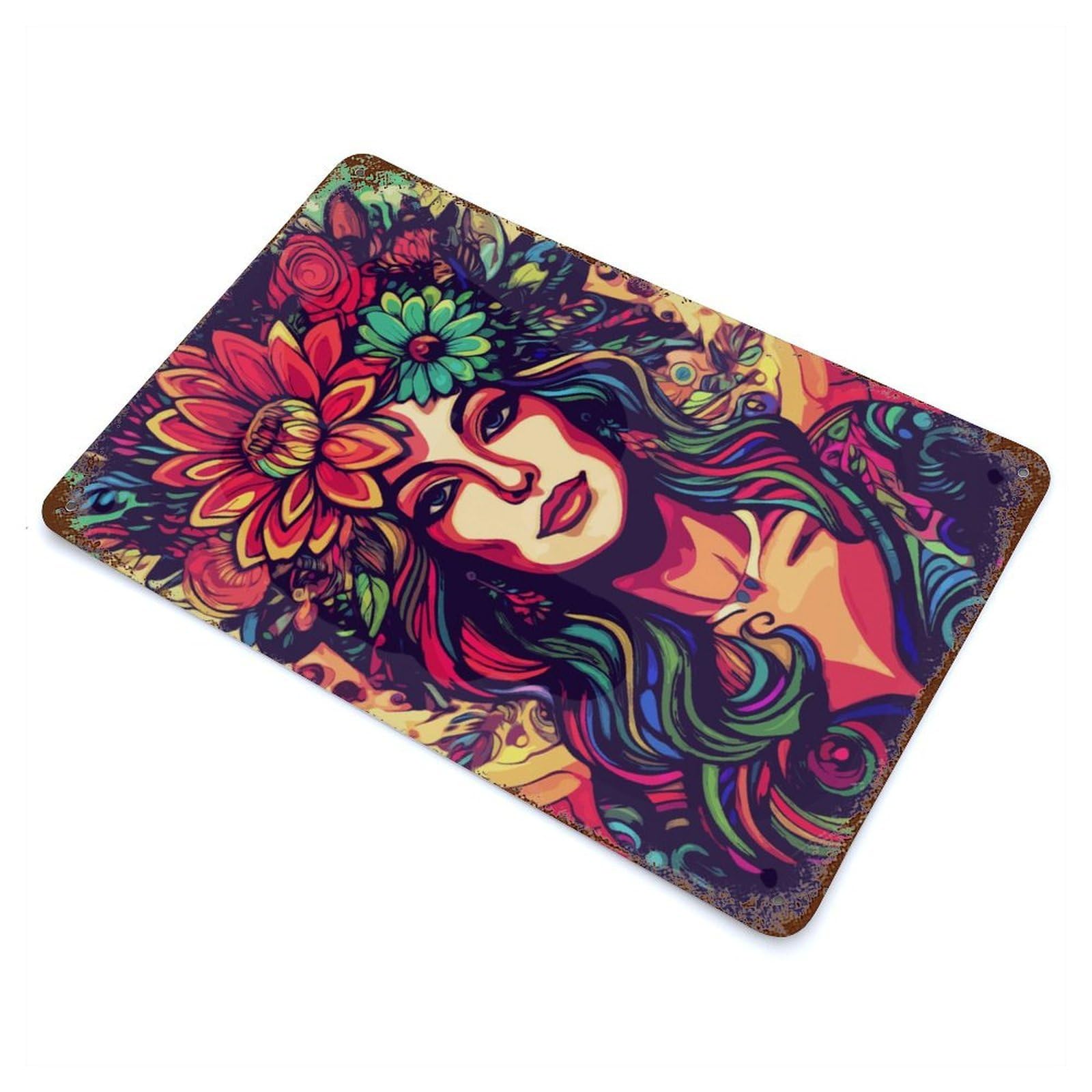Floral Woman Portrait Rusty Metal Tin Sign 11.8"x7.9", Industrial Home Decor for Garage, Pub Or Kitchen