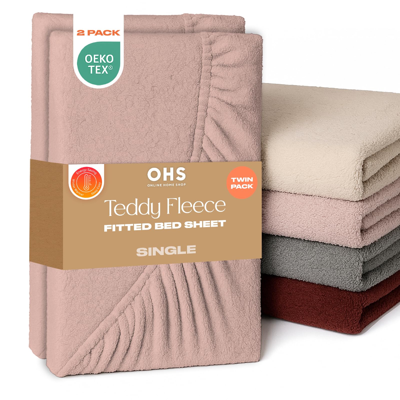 Brentfords Teddy Fleece Fitted Sheet 2 Pack, Soft Warm Thermal Teddy Bear Bedding Deep Pocket 25cm Fade Resistant Cuddly Cosy Fluffy Single Sheet Fitted 2 Pack, Blush Pink - Single