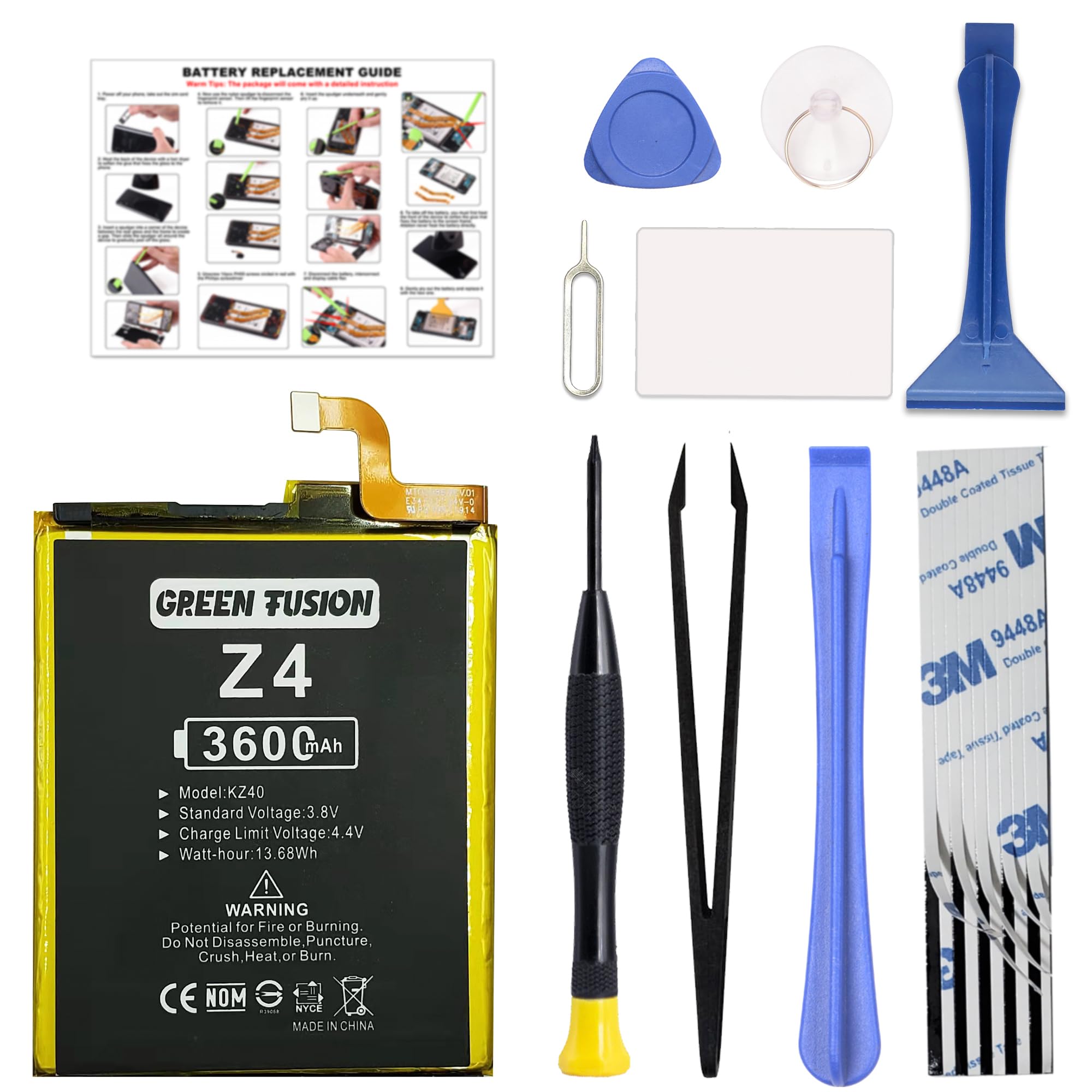 GREEN FUSION for Moto Z4 Battery Replacement, KZ40 Battery Compatible with Motorola Z4 (New Upgrade) with Installation Instruction &amp; Repair Toolkit XT1980-3