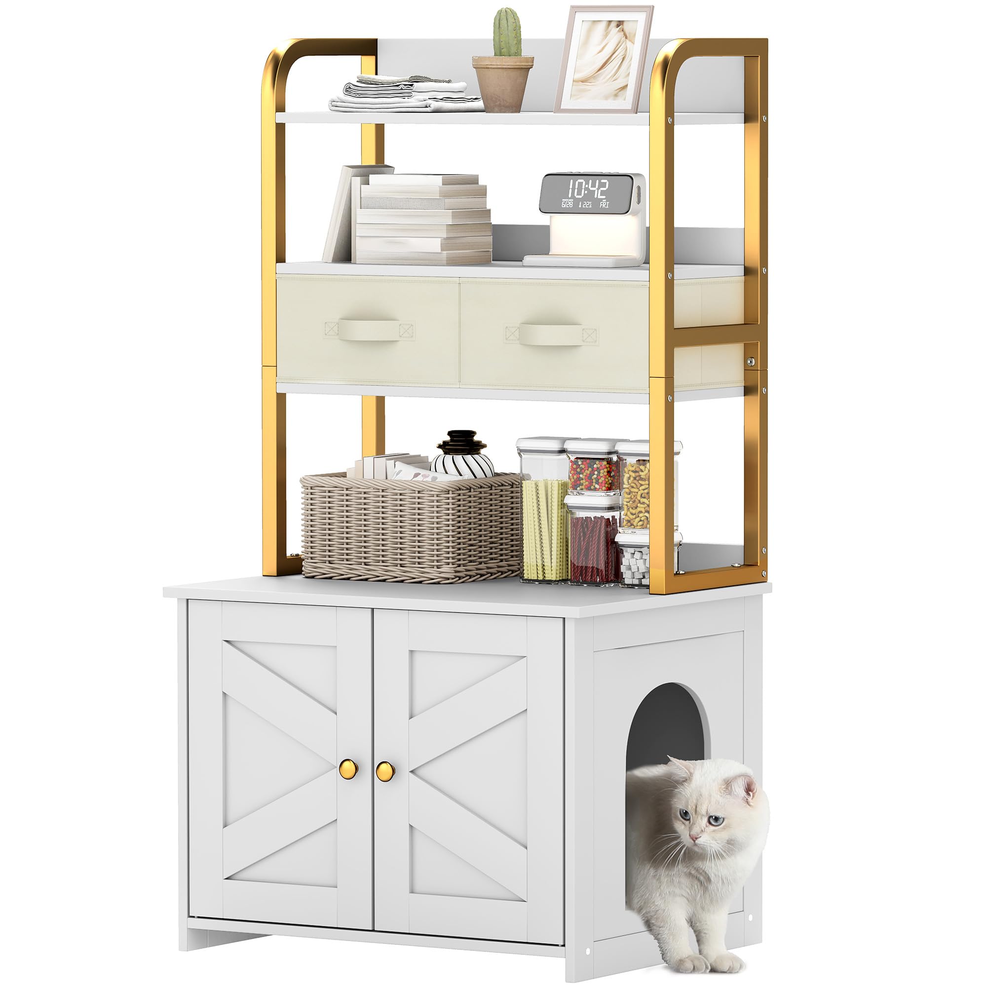 YITAHOME Cat Litter Box Enclosure With Storage - Hidden Cabinet With Drawers & Scratching Post, White - View #10