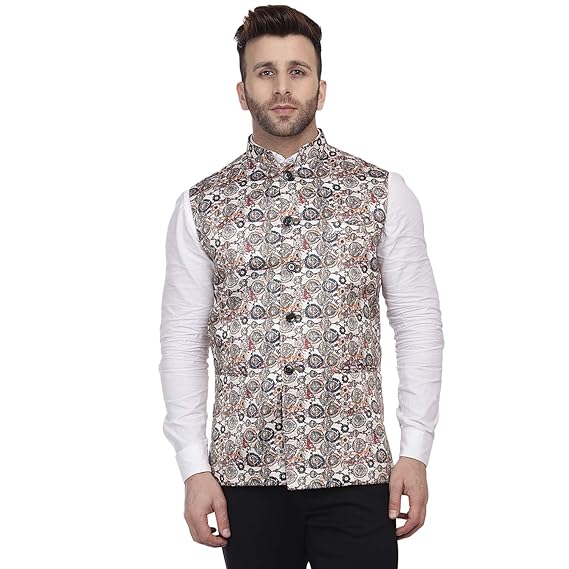 Multi Print Pure Cotton knitted Beige Nehru Jacket