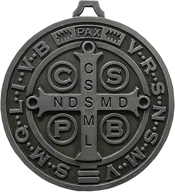 Coladera St. Benedict Silver Medal Big Size 5 Inch Diameter Medalla Plateada de San Benito for Home or Car Protection Door or Home Blessing Handcrafts Catholic Gift Medal With Free Scapulary