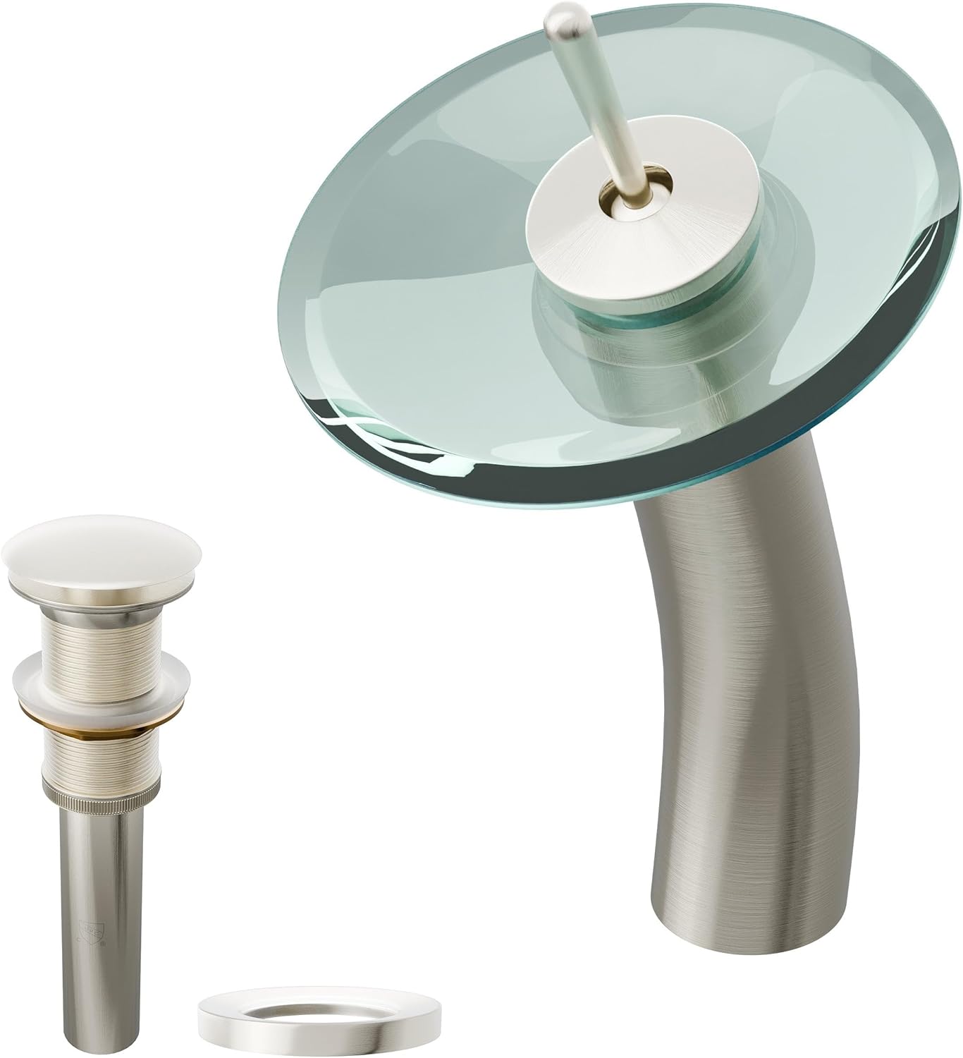 Novatto FALLS Single Lever Waterfall Vessel Faucet and Pop-up Drain, Brushed Nickel/Clear Glass