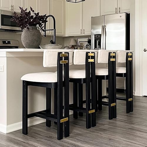 BESTANO 26 Inch Counter Stools Set of 4 Counter Height Bar Stools with Back and Black Solid Wood Legs Modern Farmhouse Linen Upholstered Kitchen Bar Stools Countertop Bar Chairs, Beige