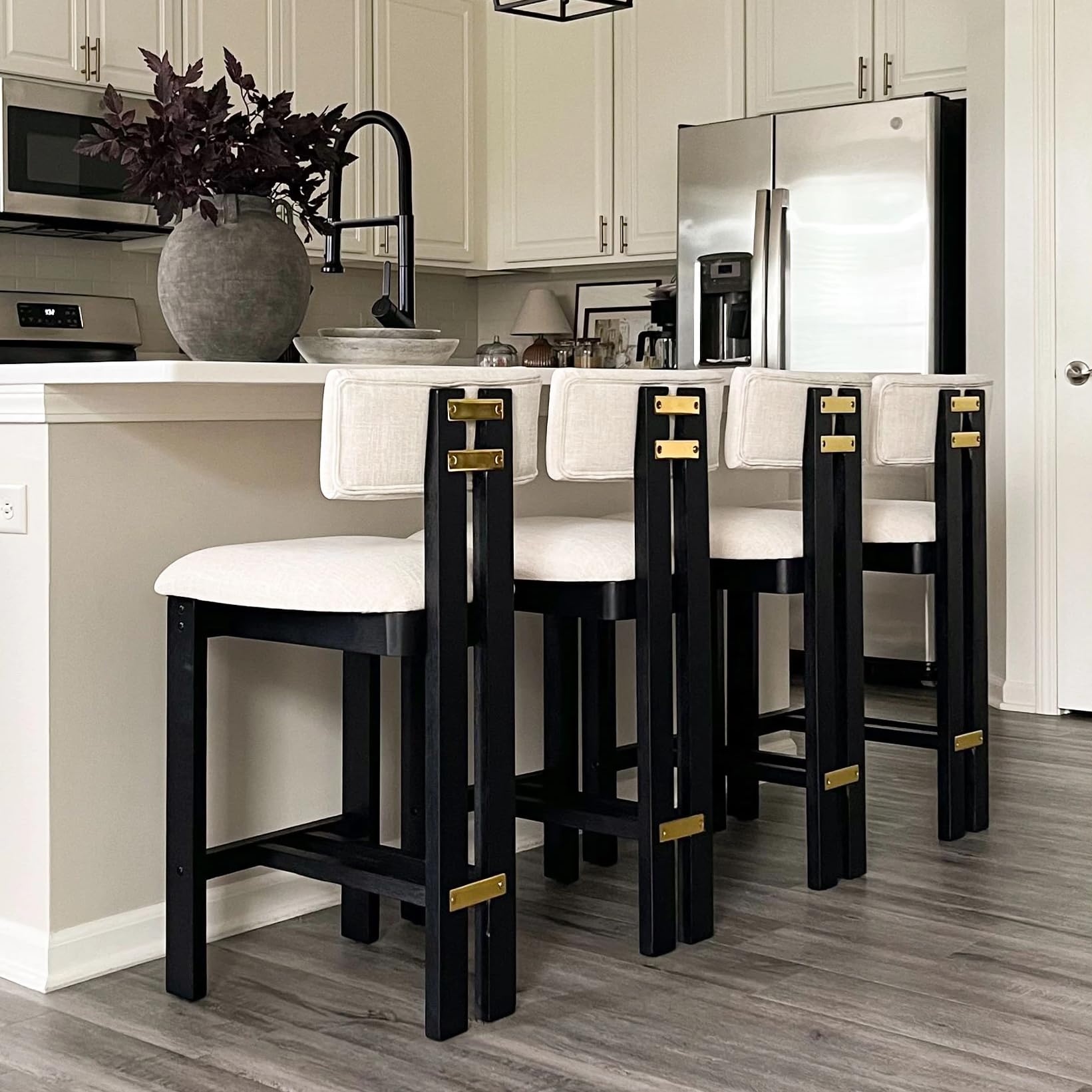 BESTANO 26 Inch Counter Stools Set of 4 Counter Height Bar Stools with Back and Black Solid Wood Legs Modern Farmhouse Linen Upholstered Kitchen Bar