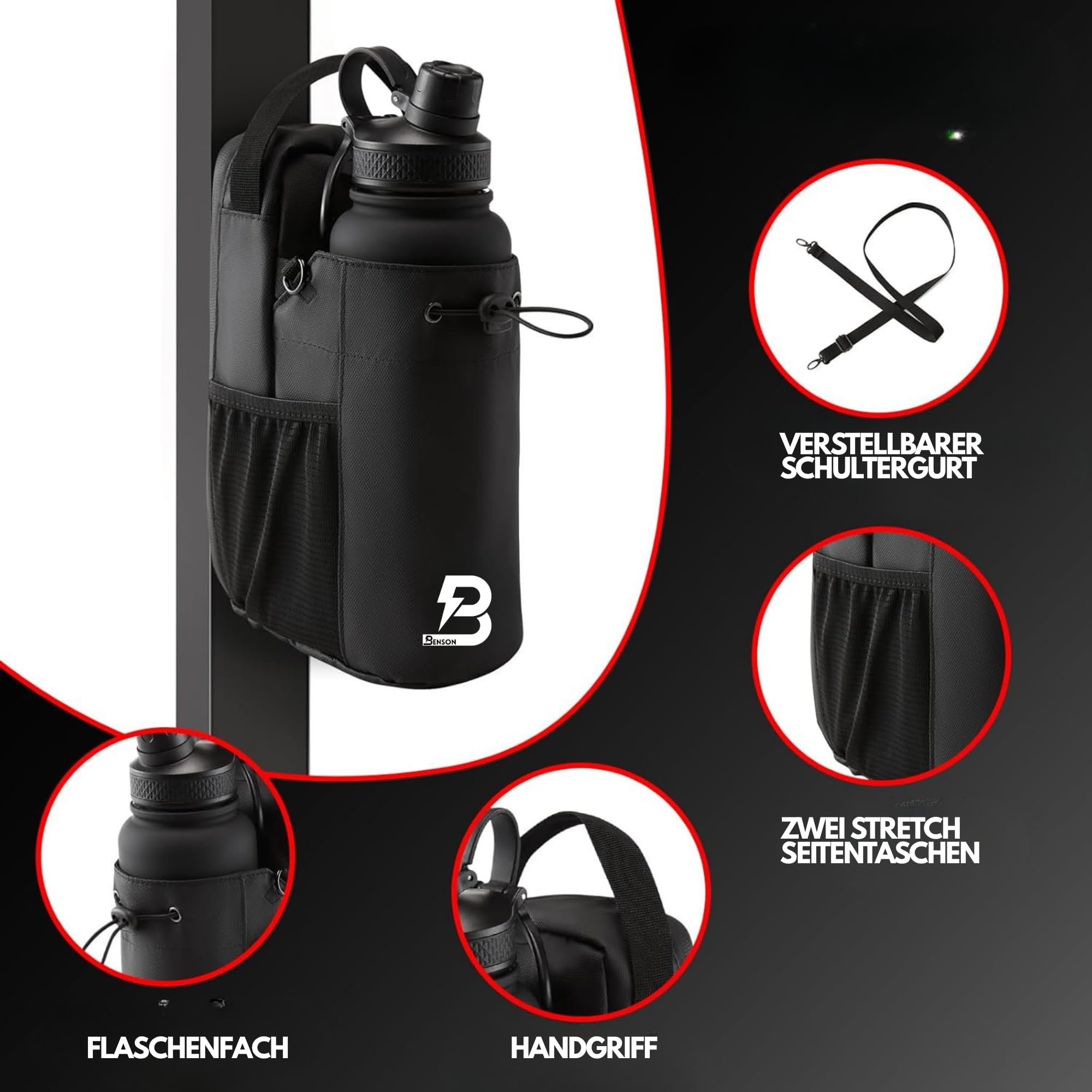 Benson - Bolsa de fitness magnética con fuerte fijación magnética, soporte para botella de 1200 ml, compartimento para teléfono móvil y mosquetón, para hombre y mujer, ideal para deportes, uso diario