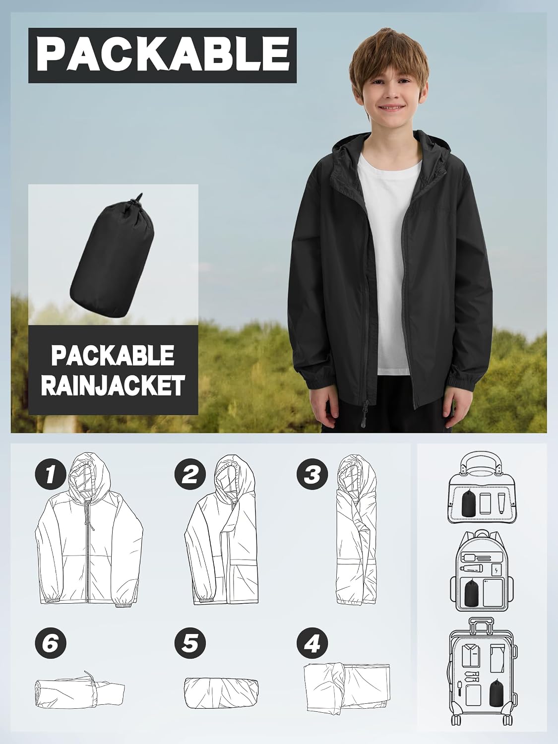 UIQUR Boys Rain Jacket Girls Waterproof Raincoats Kids Windbreakers 5-14Y | Cycling Hooded Lightweight with Zipper Pockets Climbing Camping Running School Outdoor