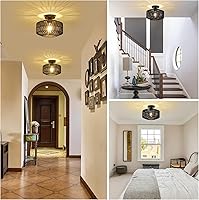 Vista 4 de Lámpara de ratán para montaje en techo, lámpara de techo bohemia con bombilla LED regulable, mini lámpara de araña de ratán tejida a mano