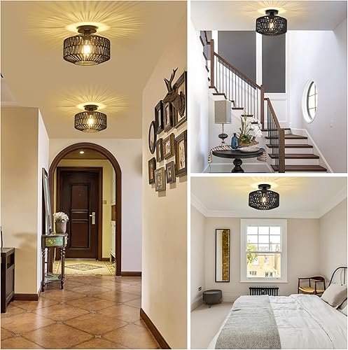 Miniatura 4 de Lámpara de ratán para montaje en techo, lámpara de techo bohemia con bombilla LED regulable, mini lámpara de araña de ratán tejida a mano