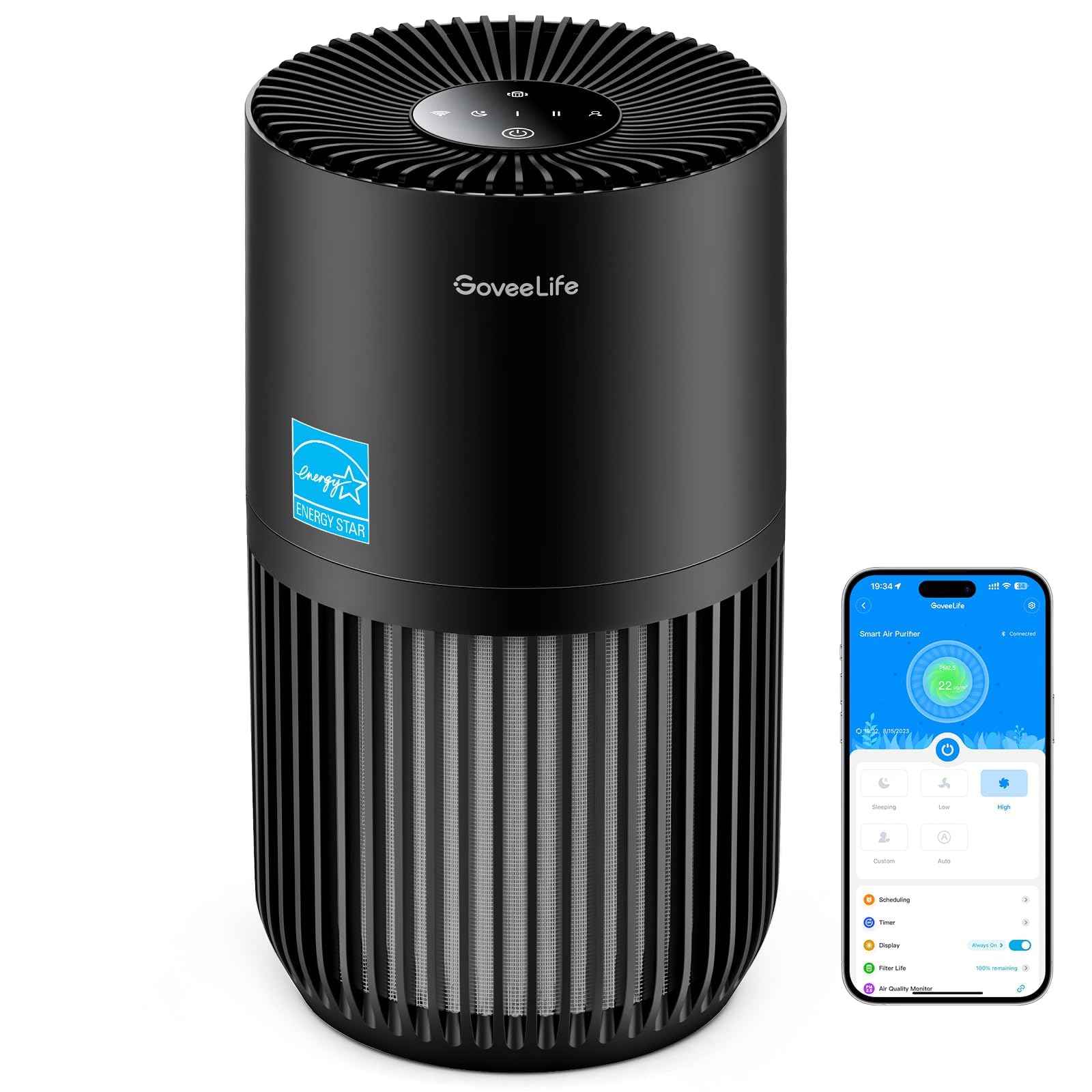 GoveeLife Mini-Luftreiniger Schlafzimmer mit Alexa-App-Steuerung Schwarz | Smart HEPA-Filter gegen Tierhaare, Gerüche, Raucherzimmer, Tragbarer Luftreiniger mit 3 Gebläsestufen, 2 Modi, Timer, Aromen