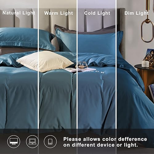 Miniatura 3 de MILDLY Juego de funda de edredón 100% algodón de fibra larga, tamaño King, juego de funda de edredón azul verdoso, juego de ropa de cama ultra
