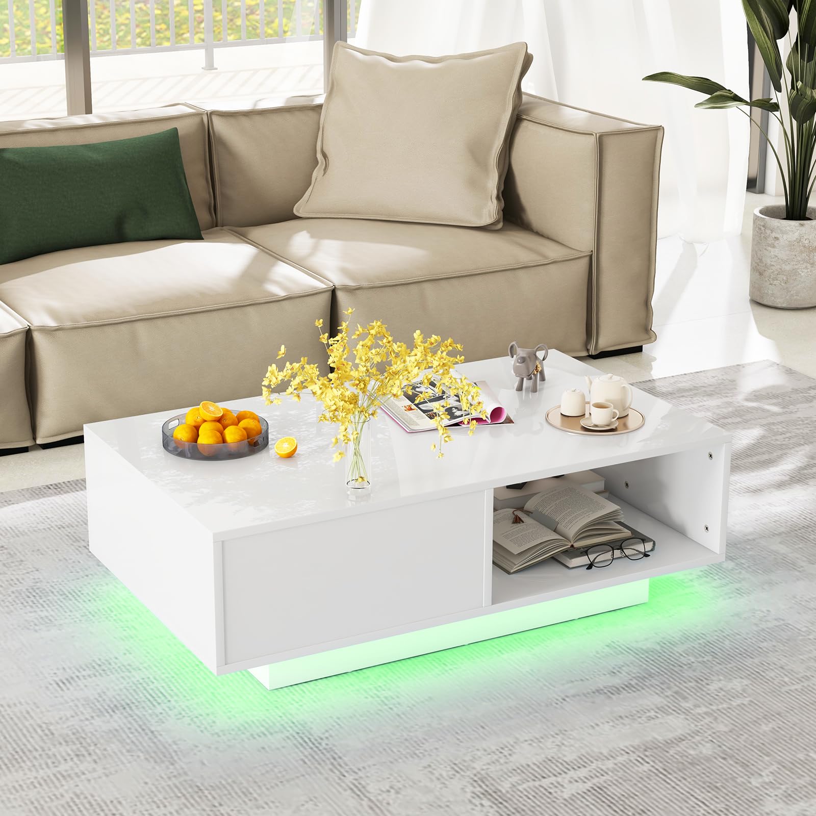 RELAX4LIFE Tavolino da Caffè Moderno 95x55x31cm, con 20 Luci LED Regolabili e Telecomando, in Legno con Finitura Lucida, Cassetto a Pressione e Ripiano Aperto, per Soggiorno, Max 65kg (Bianco)