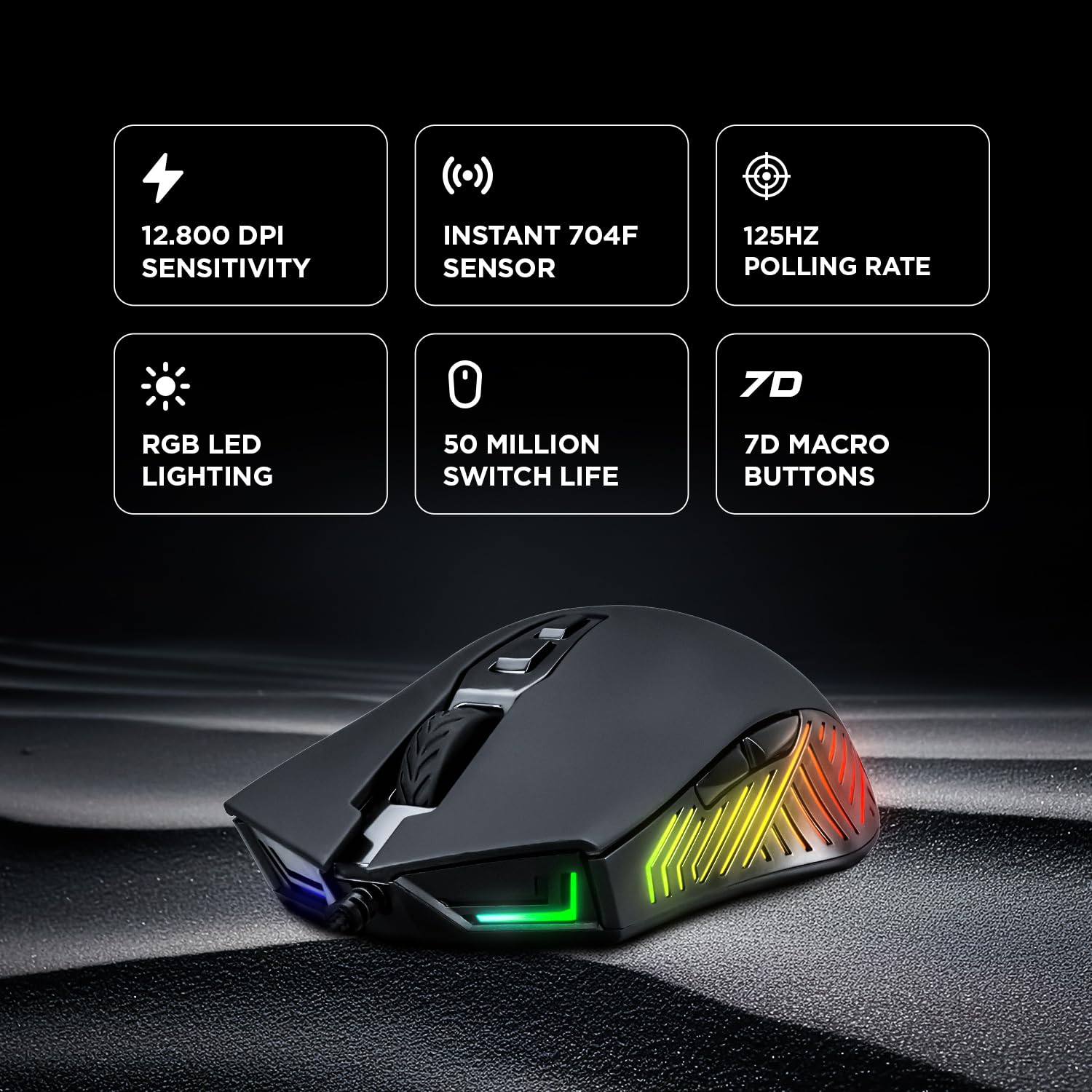 Rampage Spear V2 - Mouse da gioco cablato nero con illuminazione RGB, 12800 DPI, 7 pulsanti programmabili, mouse da gioco ergonomico leggero per giocatori di PC/Mac/laptop