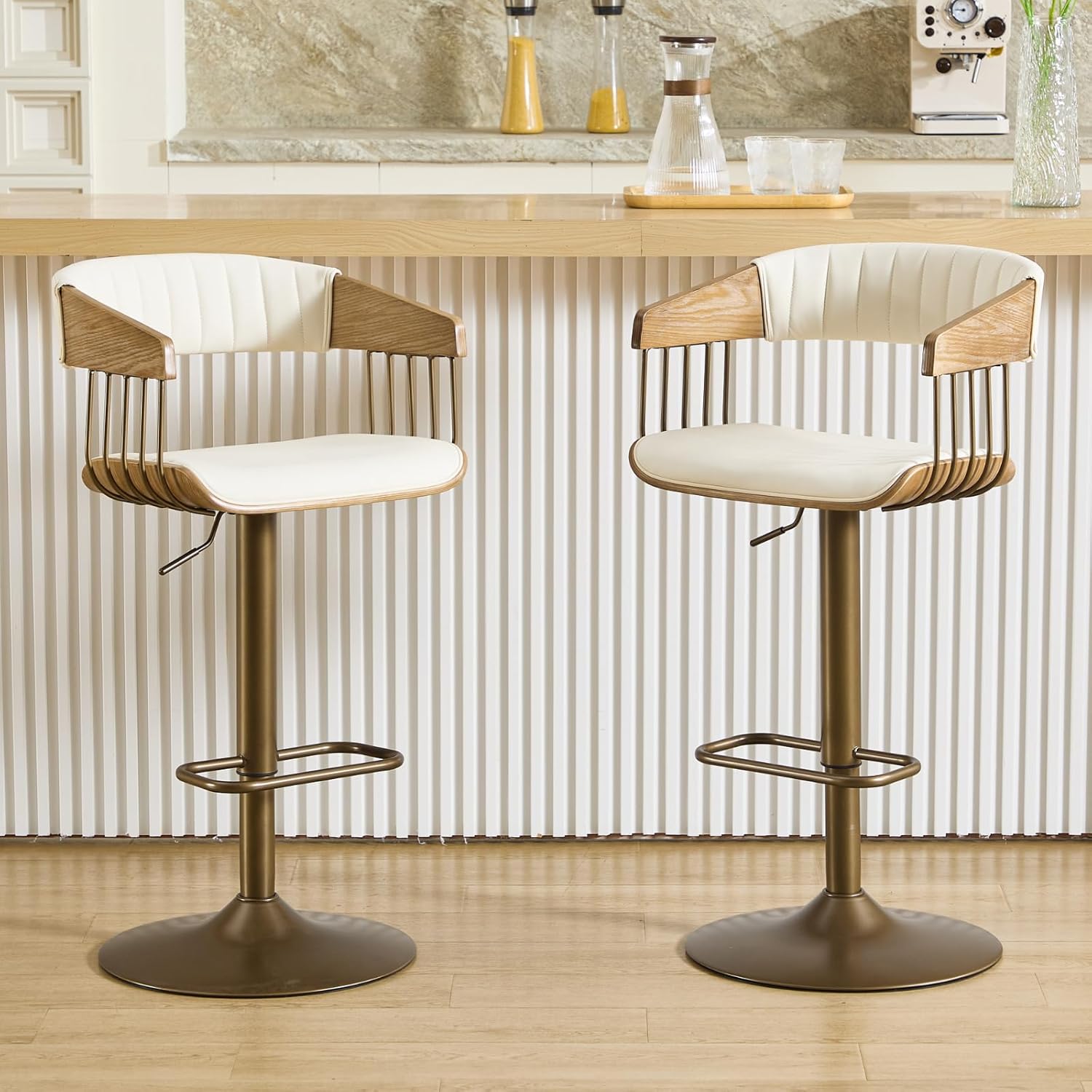 CIMOTA Swivel Adjustable Bar Stools Set of 2, Mid-Century Modern Counter Stools Bar Chairs with Barrel Wood Back and Arms for Bar/Kitchen Island/Dining, 25-32.5 Inch Seat Height, PU Leather White