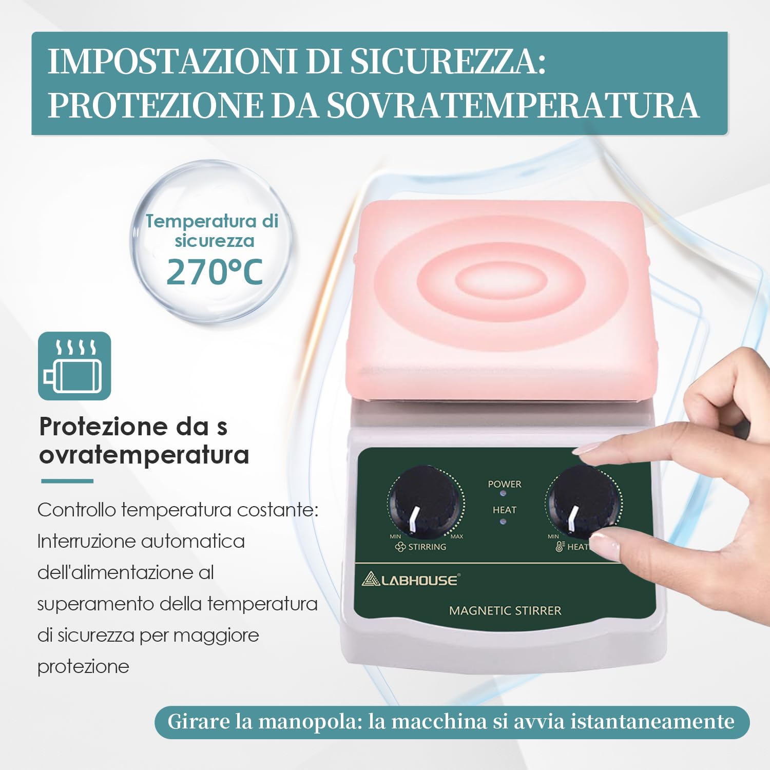 LHS-2 Agitatore Magnetico Piastra Riscaldante, 300°C, 2000RPM, 2L | Piastra fino a 300°C, 4 barre PTFE e recuperatore, supporto, variabile, per riscaldamento e miscelazione