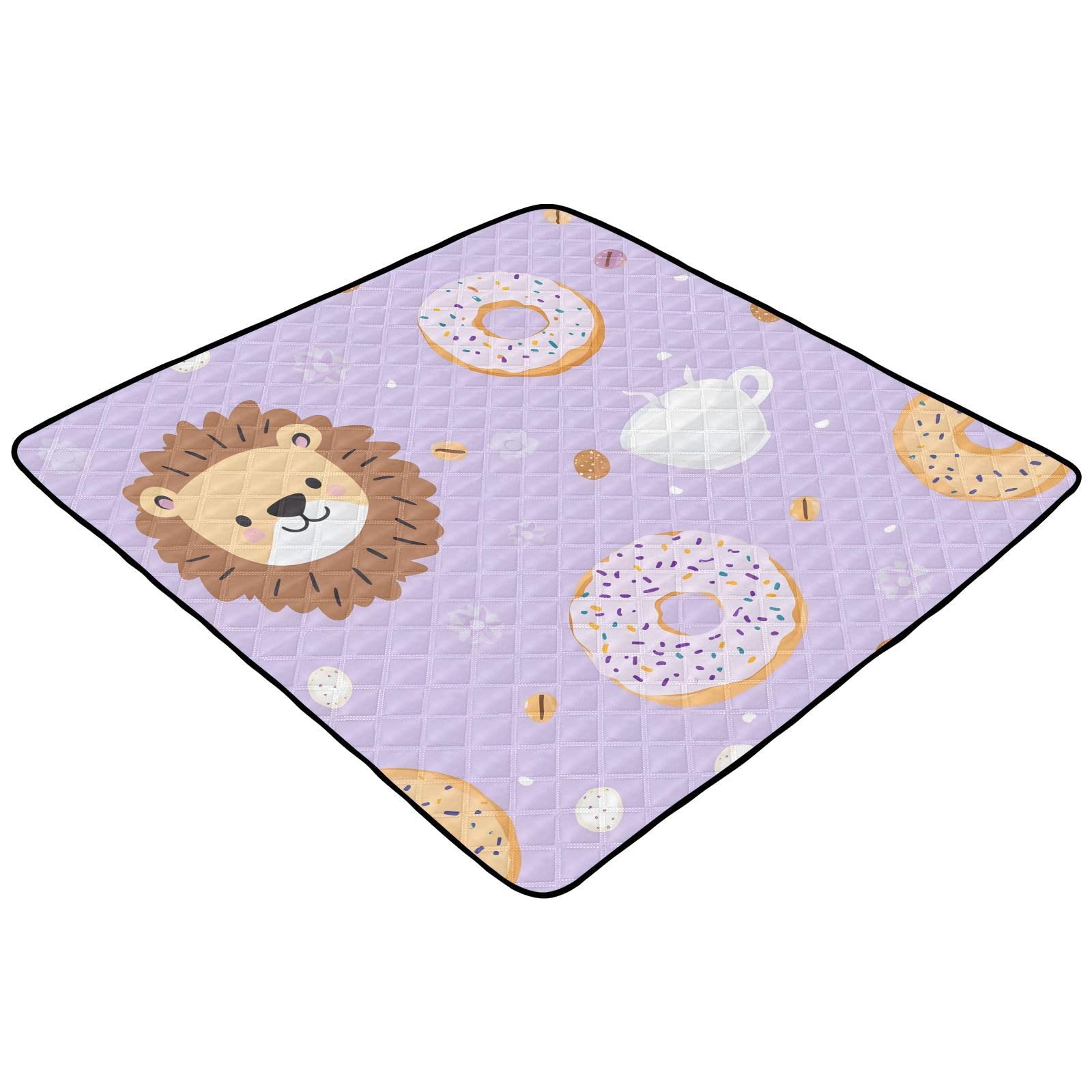 BOESI Doodle Donut and Lion Pattern Baby Play Mat, 50“ X 50” Washable Folding Crawling Mat, Baby Floor Mat, Soft, Thick, Non-Slip