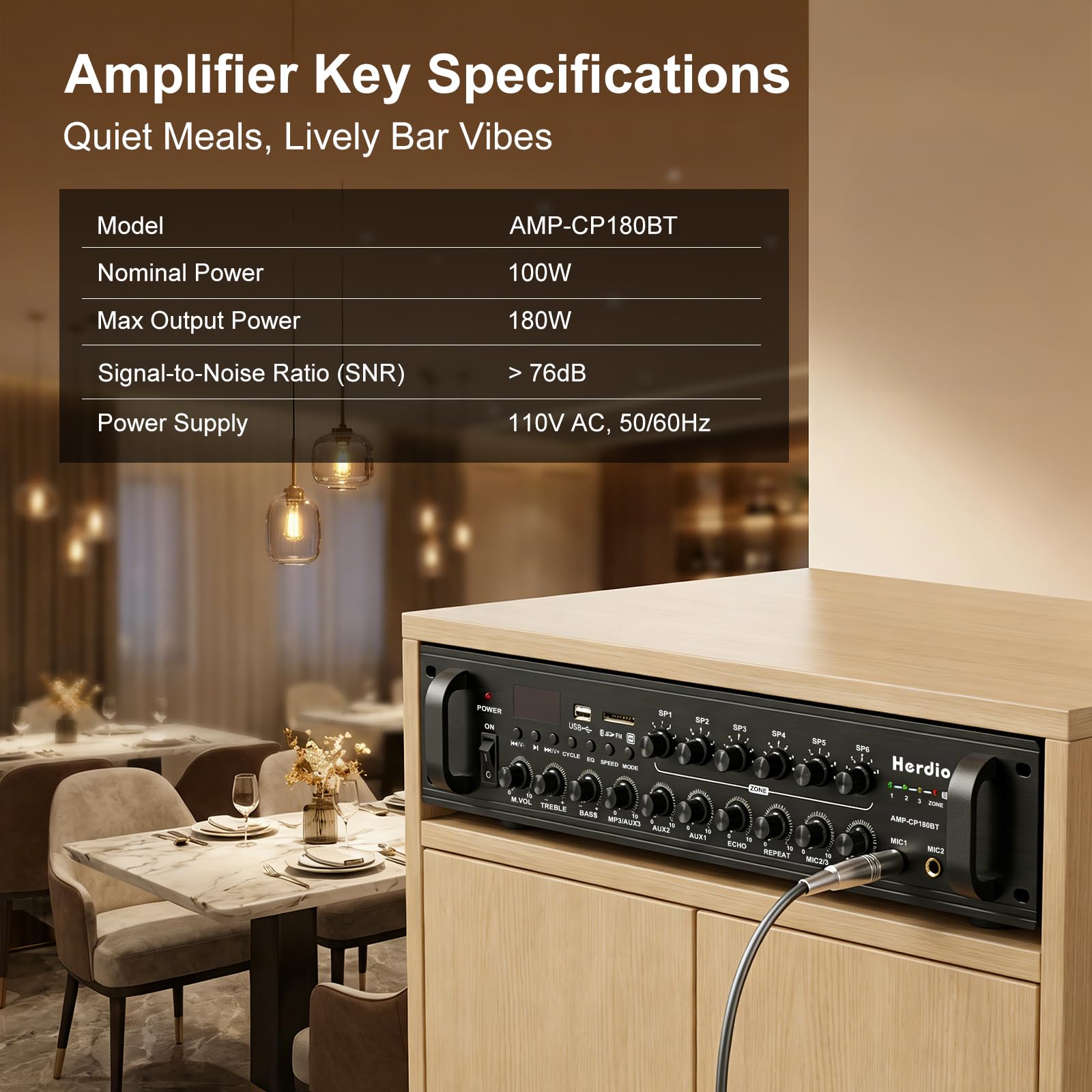 Herdio Amplificatore da 70 V per uso commerciale, potenza massima di uscita 180 W