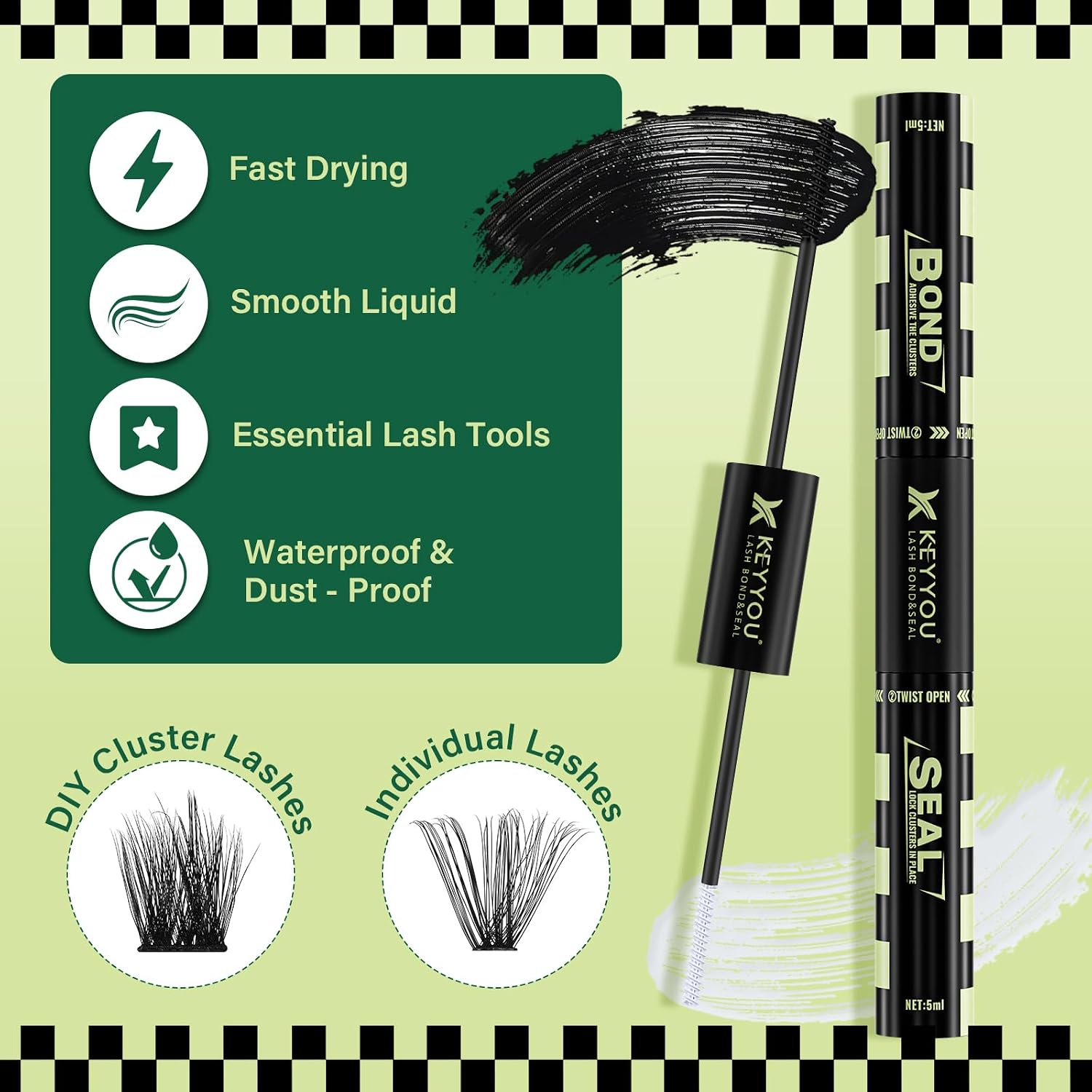 KEYYOU Lash Bond and Seal Black Bond and Seal Lash Glue 10ML Latex-Free Lash Cluster Glue Mascara for Long Lasting WaterProof Lash Extension Black-5ml+5ml