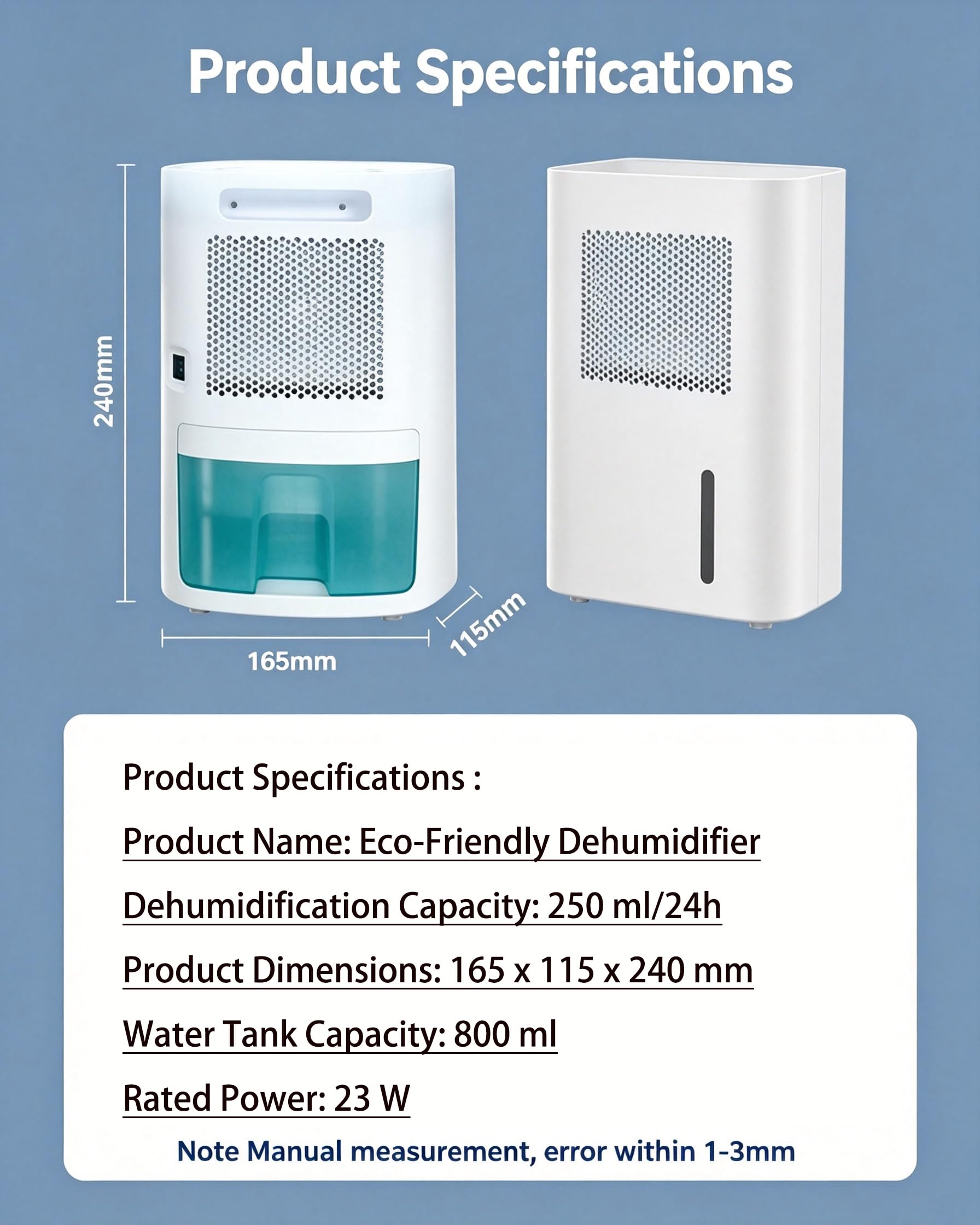 Odsuszacze powietrza do domu 800ml, wydajność osuszania 250ml/24h | 23W niskiej mocy energooszczędny przenośny do szafy, samochodu, szafki na buty, 800 ml odłączany zbiornik na wodę