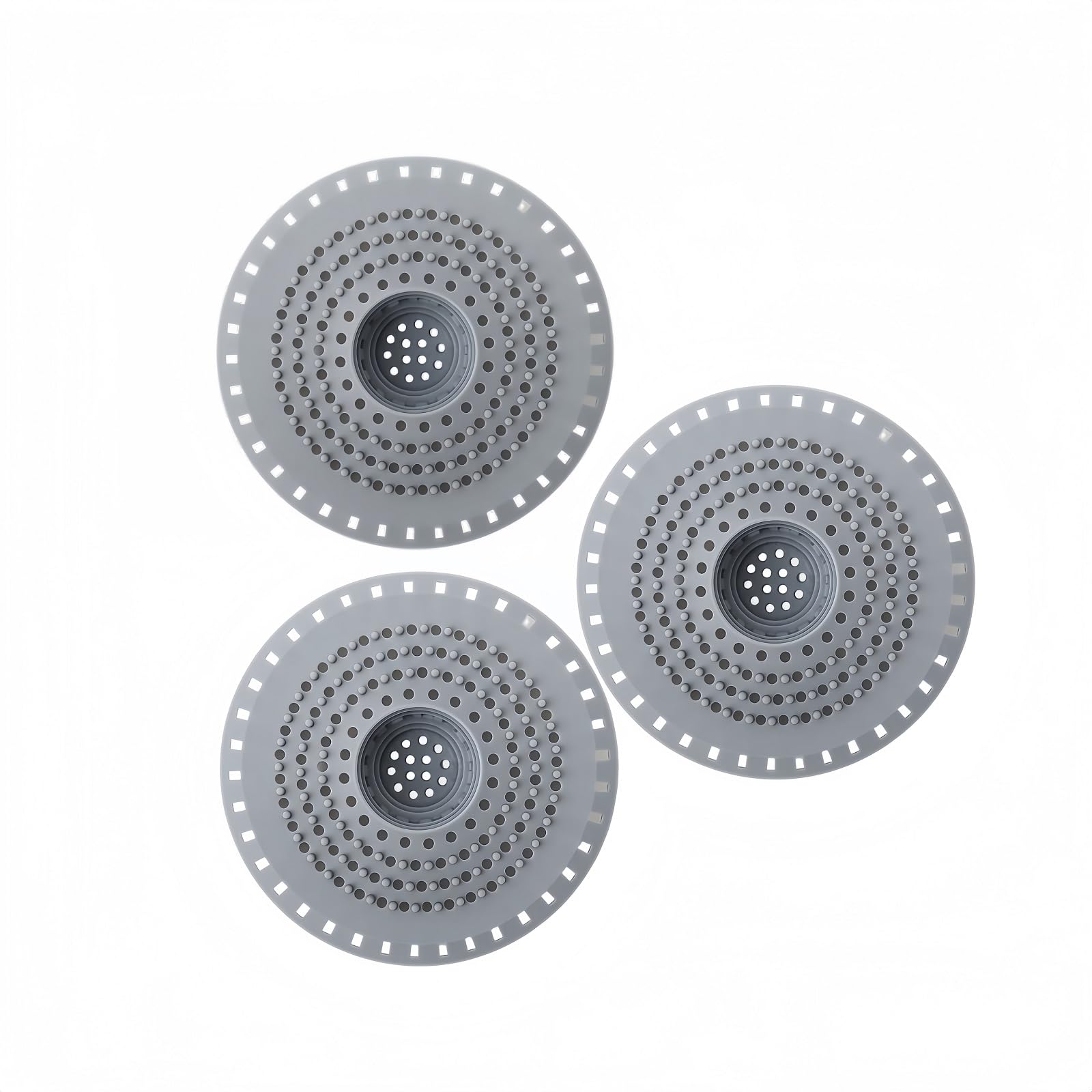 Silicone Hair Catcher, 3-Pack Shower Drain Cover with Suction Cups, Sink Strainer for Kitchen & Bathroom, Dual Layer Drain Protector Traps Hair & Food, Non Slip Reusable Bathtub Drain Cover, Gray
