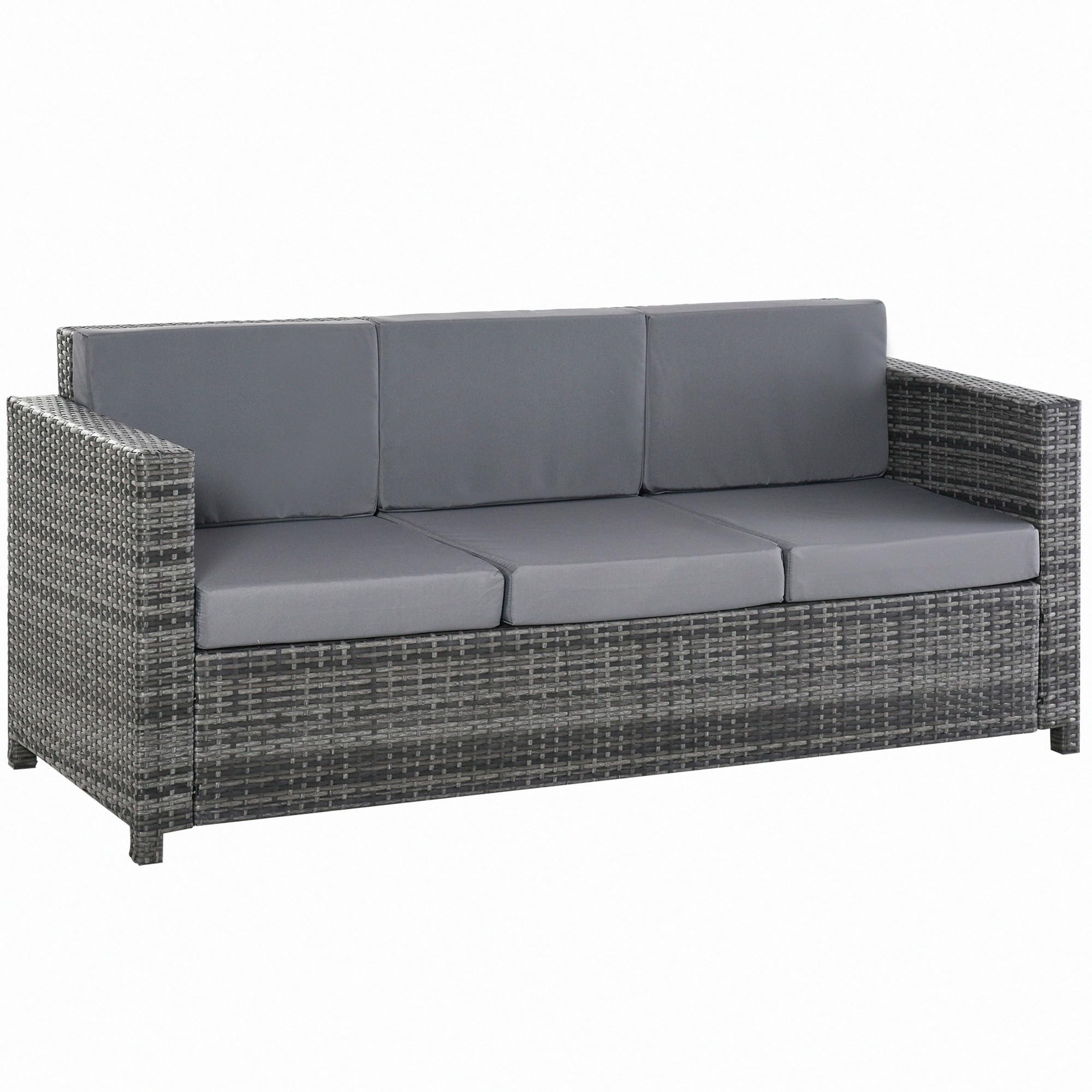 Outsunny Divanetto da Esterno 3 Posti in Rattan PE, Divano da Esterno con Cuscini Imbottiti e Sfoderabili, Struttura in Metallo per Giardino, Patio e Terrazzo, 185x70x80 cm, Grigio