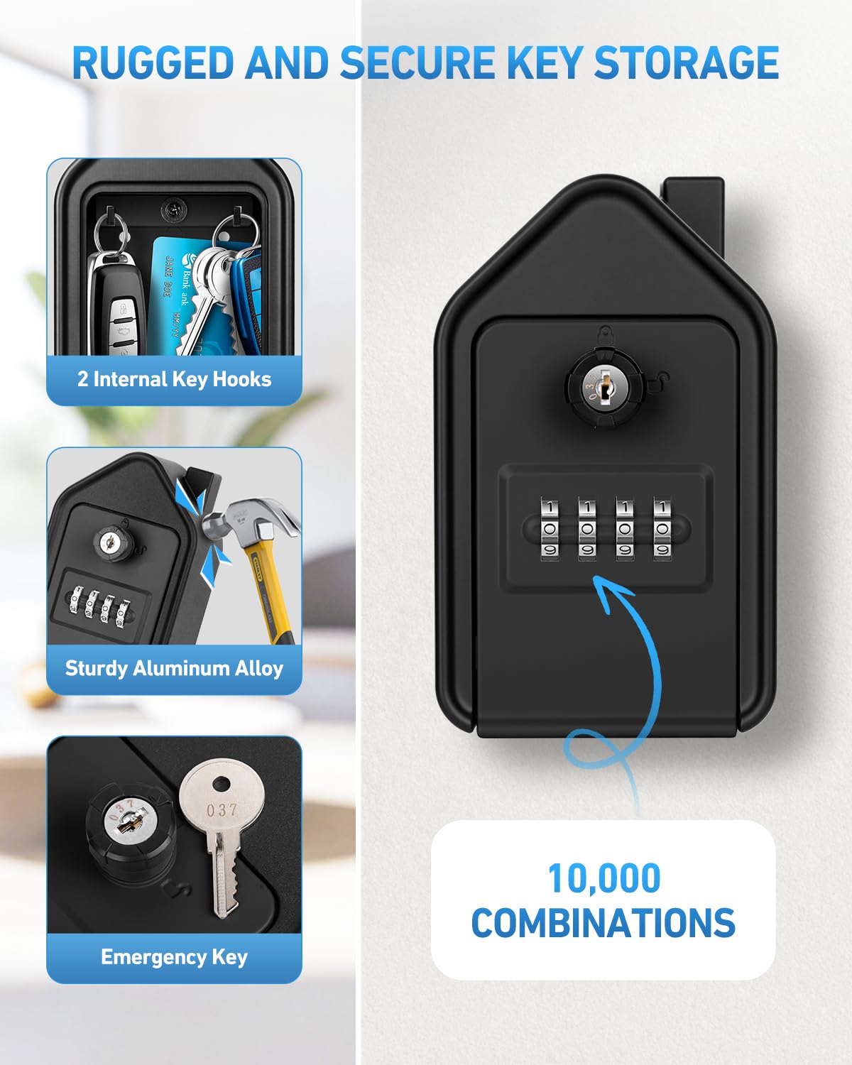 Boite a Clef, Grande Boite a Clefs Securisee Exterieur avec 4 Code & Clés d'urgence Boîte à Clés Murale en Alliage D'aluminium pour L'école de Garage à Domicile Airbnb (Noir)