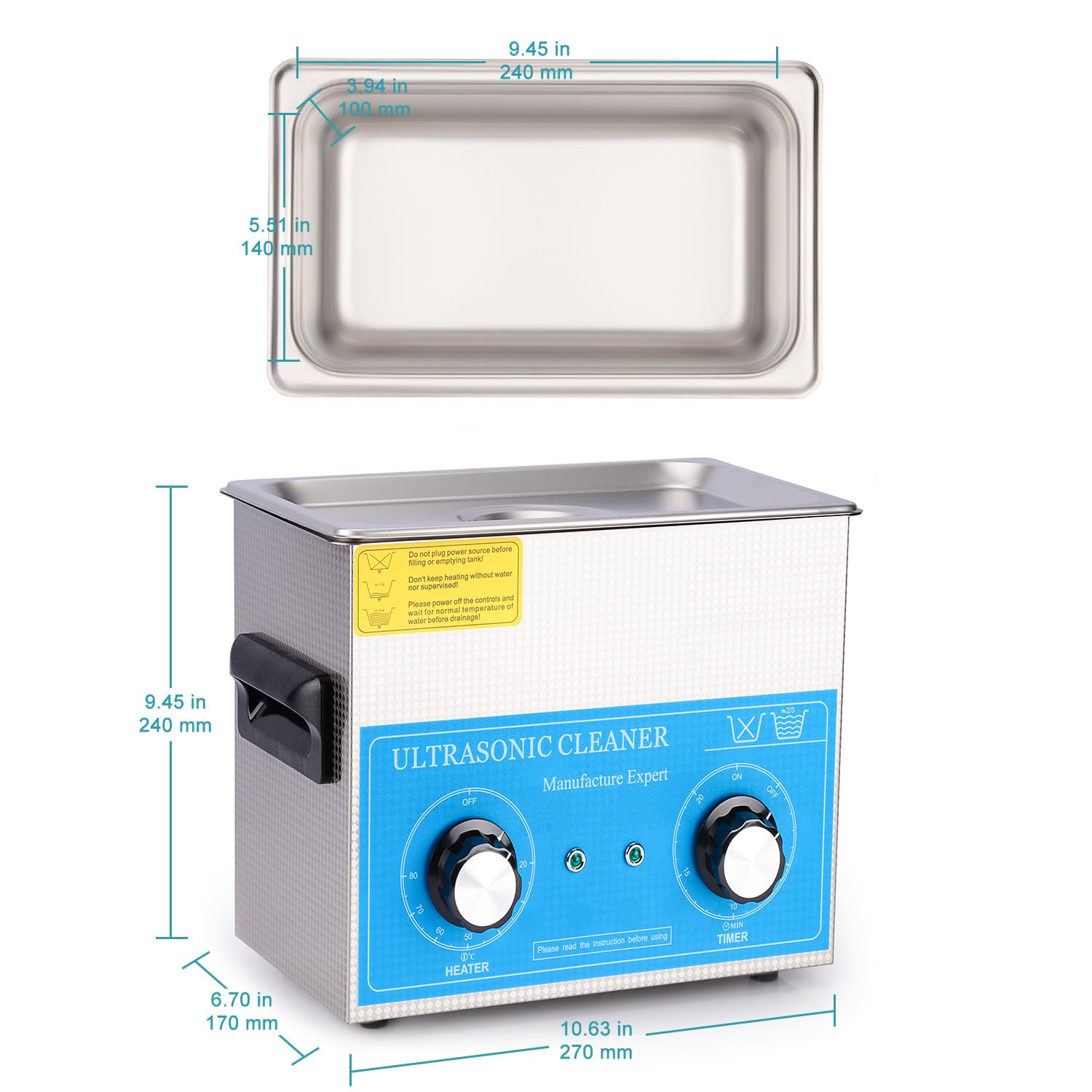 stonylab Limpiador Ultrasónico, Acero Inoxidable 304 limpiadores Ultrasonidos Profesional Multiusos con Panel de Control Mecánico de Calefacción y Temporizador para Laboratorio 40kHz 220V, 3.2L