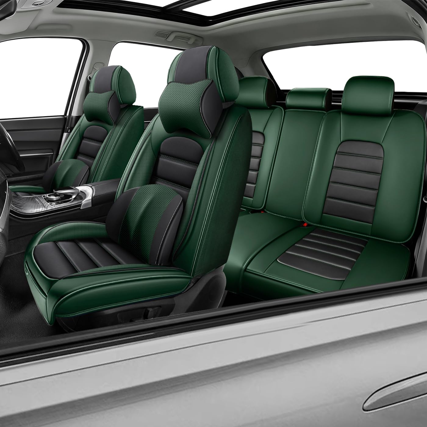 Car Seat Covers for X2,for BMW X2 2018-2025 2026,Waterproof Leather Seat Covers,Compatible Airbag,Full Set Comfort Car Seat Protectors for Most Cars(Pillows,Black&amp;Green)