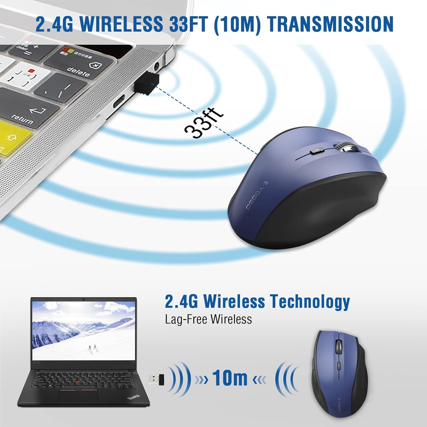 E-YOOSO Wireless Mouse for Laptop, Computer USB Mouse 18 Months Battery Life, 5 Level 4800 DPI, 6 Button for Mac, Chromebook, PC, Windows - 2 Pack (Gray+Blue)