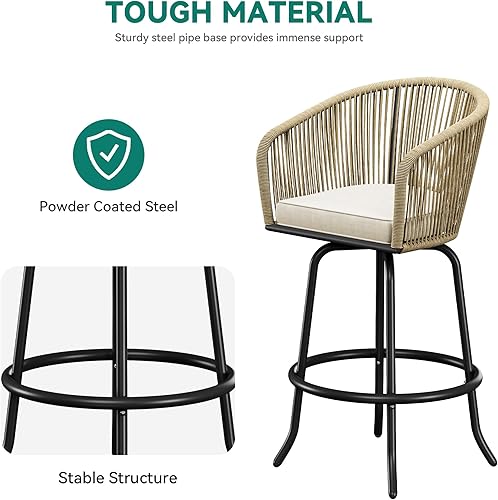 Miniatura 7 de YITAHOME Juego de 2 taburetes de bar giratorios tejidos para patio, sillas de bar al aire libre con cojines suaves para patio trasero, piscina,