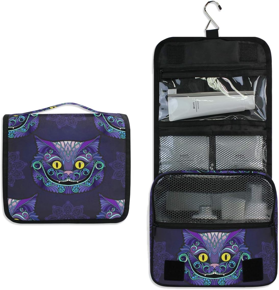 Tarity Hanging Travel Toiletry Bag for Women Men Large Capacity Makeup Cosmetic Bag with Hook Fairy Tale Cheshire Cat Portable Travel Pouch Train Case Organizer for Toiletries Accessories Kit