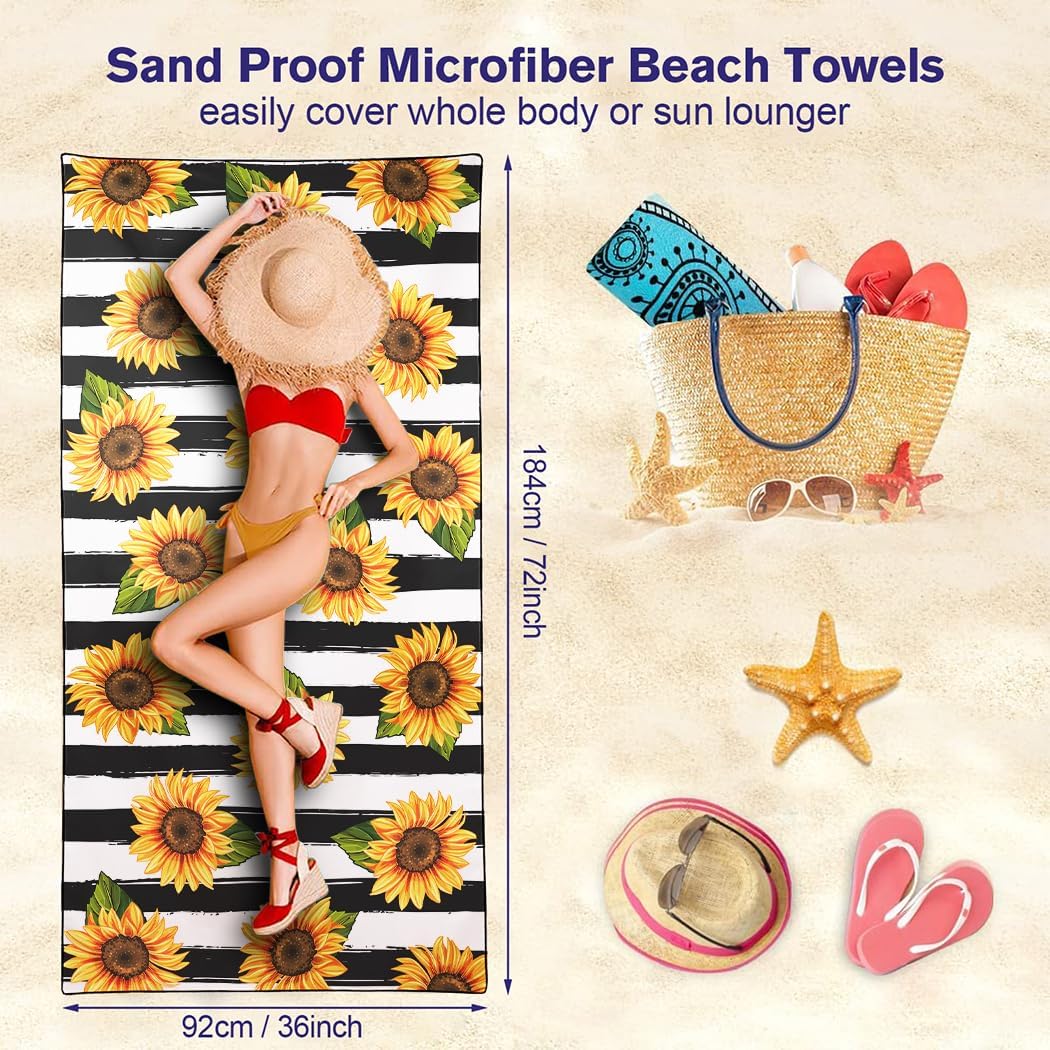 Sunflower Beach Towel Oversized 36"x72" Quick Dry Sand-Free, Black Bath Towels for Swim Pool Camping Travel - Image 3