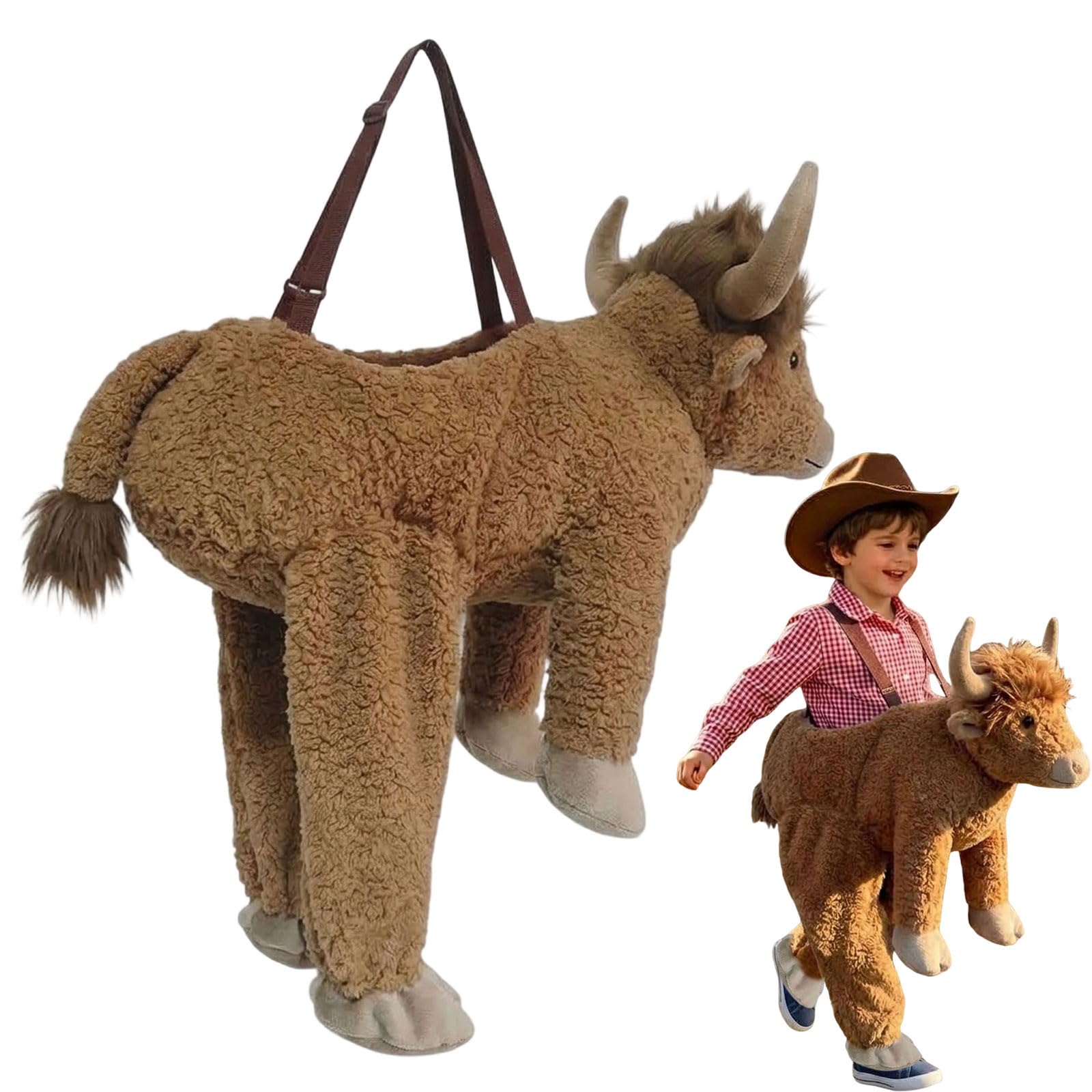 Plush Bull Rider Ride‑On Kids Costume,Highland Cow Fancy Dress Costume,Halloween Cosplay,Party,Christmas,BirthdayCostume Accessory (B)