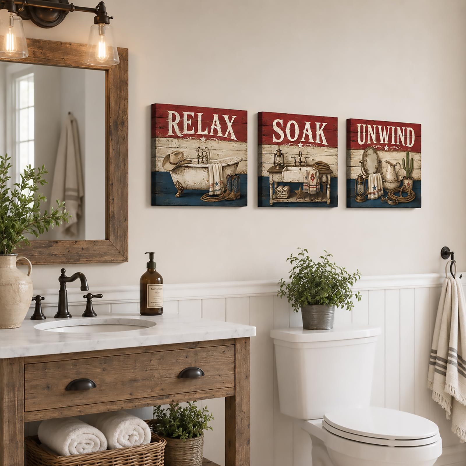 Conipit Decorazione da parete rustica occidentale per bagno, relax, rilassati, decorazione da parete per casa colonica, con vasca da bagno, accessori occidentali, stampe da parete in stile country