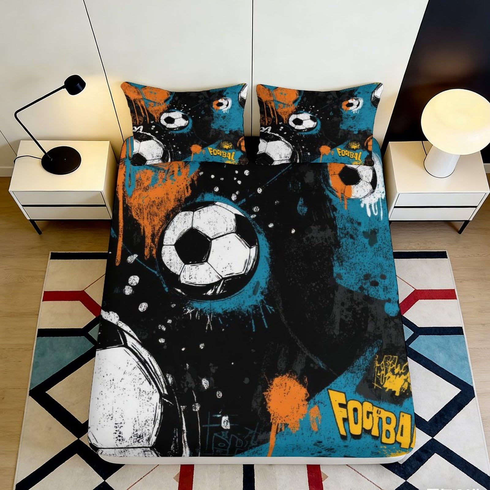 Dhbaneiok Style-3 3D Printed Football Splash Fitted Sheet Microfiber Soft Black Orange Blue Mattress Cover For Bedroom Guest Room Decor 90X200x25cm