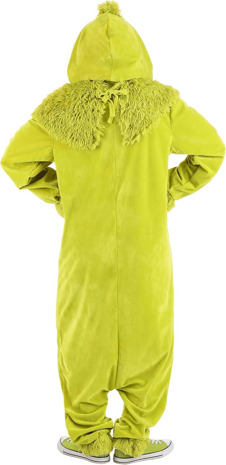 Dr. Seuss The Grinch Costume for Adults, Grinch Jumpsuit With Hood, Furry Green Monster Onesie Outfit